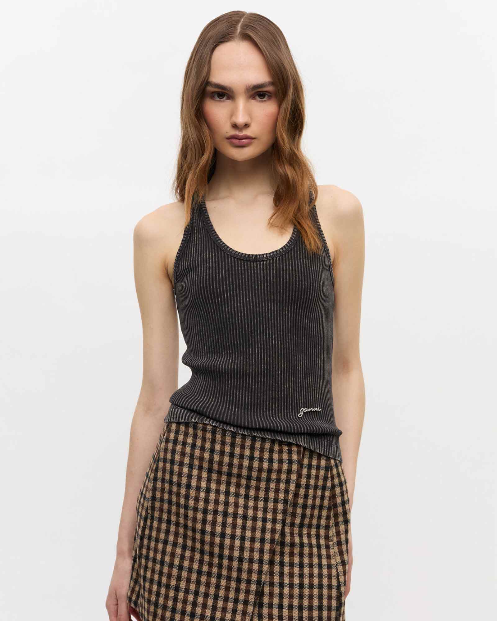 GANNI・ガニー - Tシャツ・カットソー HAVY RIB JERSEY TANK TOP / BLACKWASHE