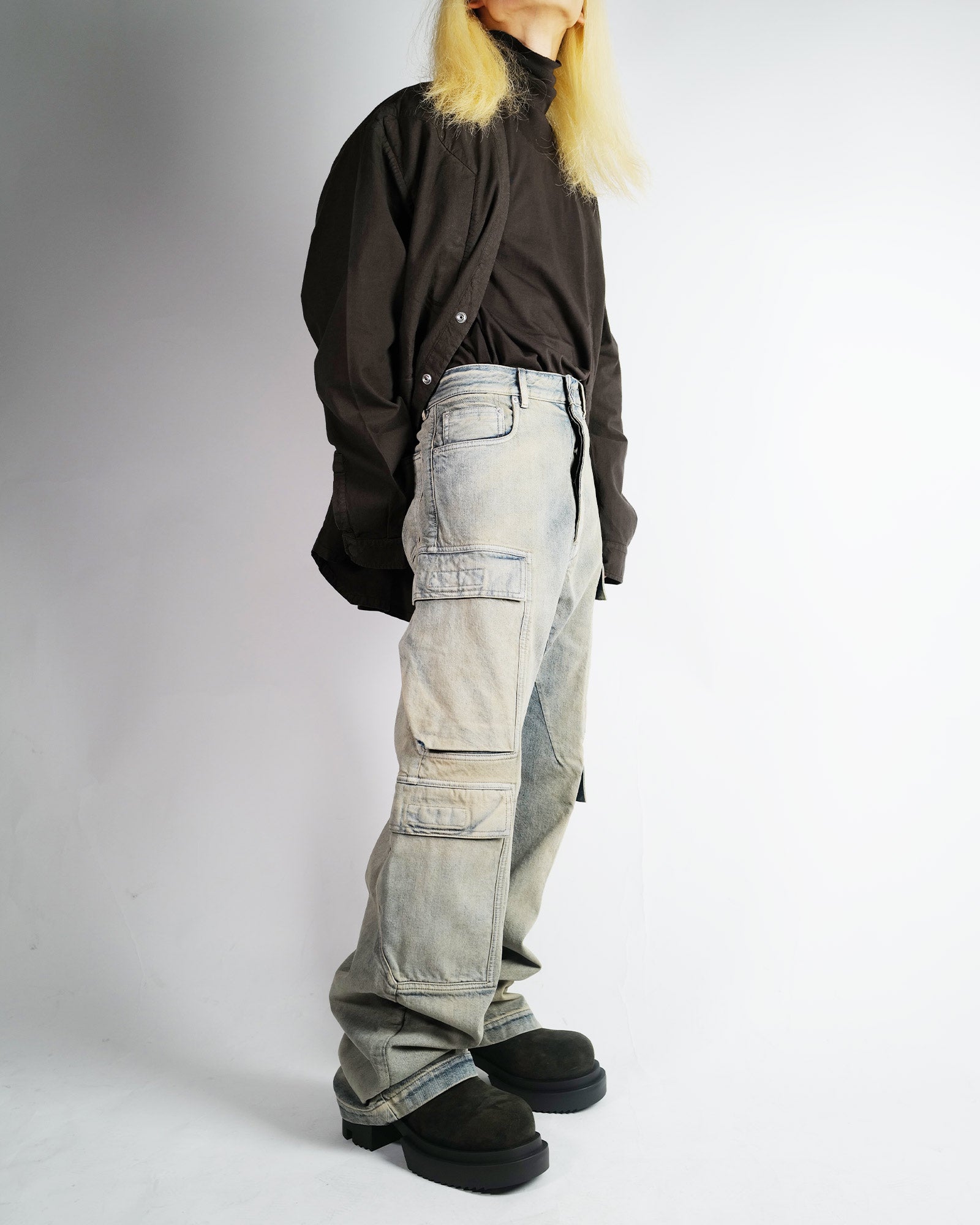 RICK OWENS DRKSHDW・リックオウエンス ダークシャドウ - デニムパンツ PANTALONI IN DENIM - DOUBLE CARGO JEANS / MINERAL PEARL