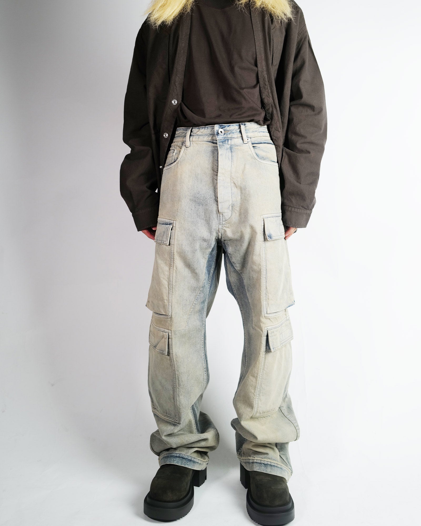 RICK OWENS DRKSHDW・リックオウエンス ダークシャドウ - デニムパンツ PANTALONI IN DENIM - DOUBLE CARGO JEANS / MINERAL PEARL