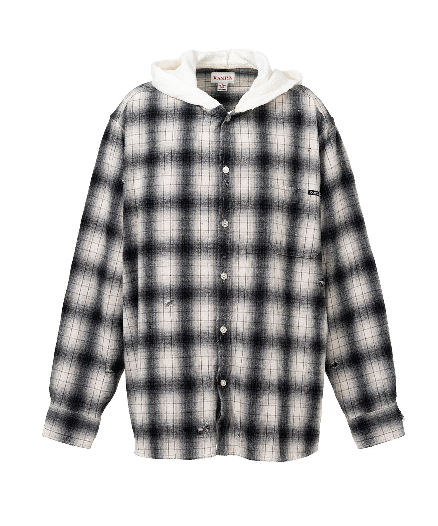 DISTRESSED HOODED CHECKED SHIRT / GRAY