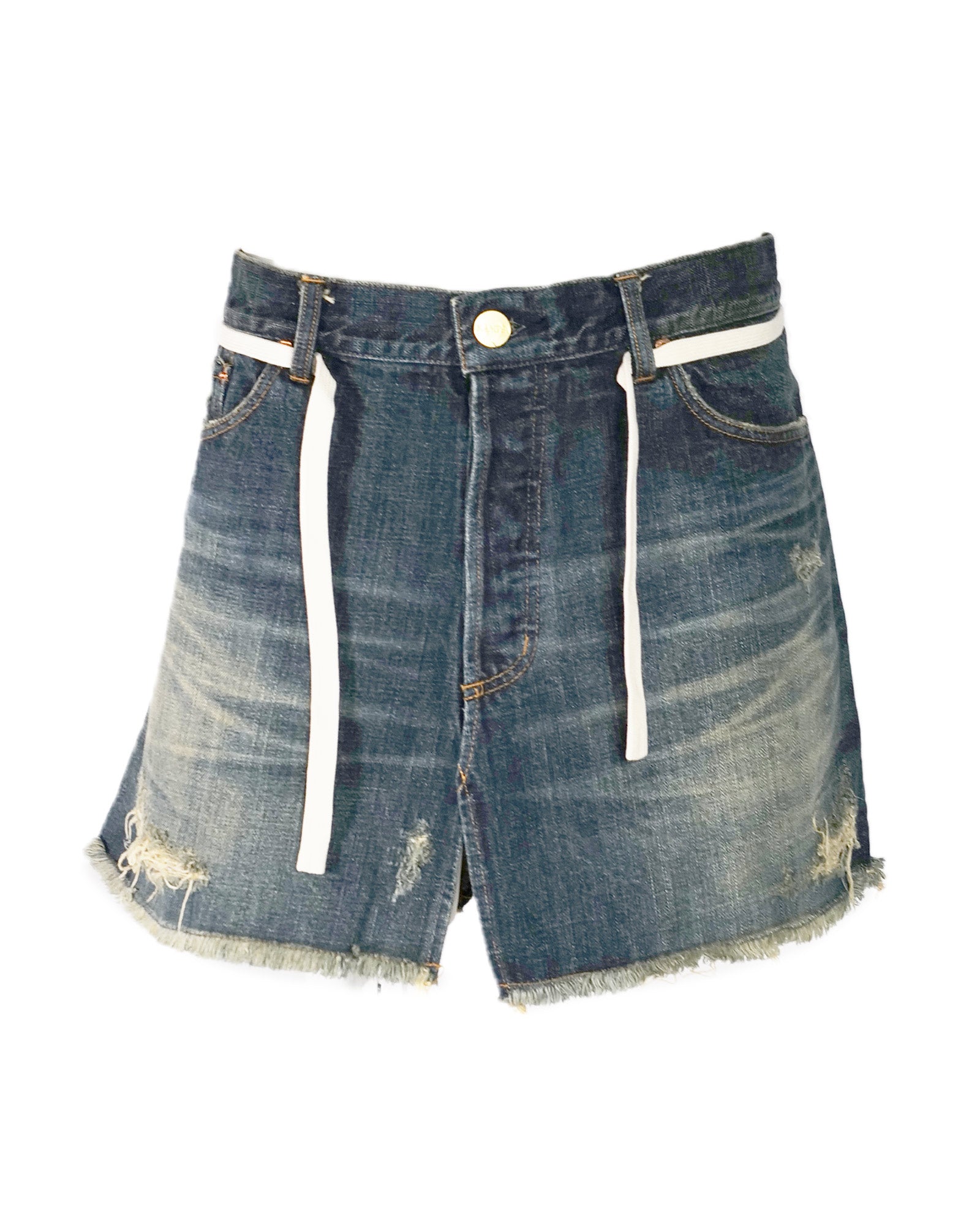 KAMIYA (カミヤ) SS26 DISTRESSED DENIM WRAP SKIRT | Detail