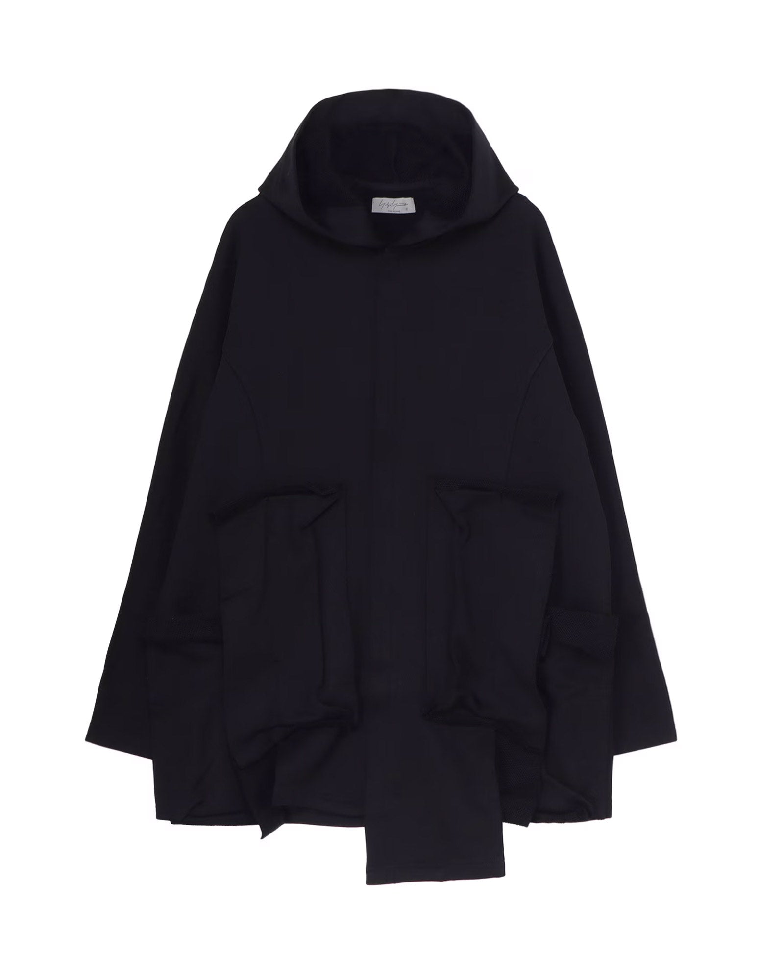 COTTON SMITH POCKET DETAIL UNBALANCED HOODIE / BLACK