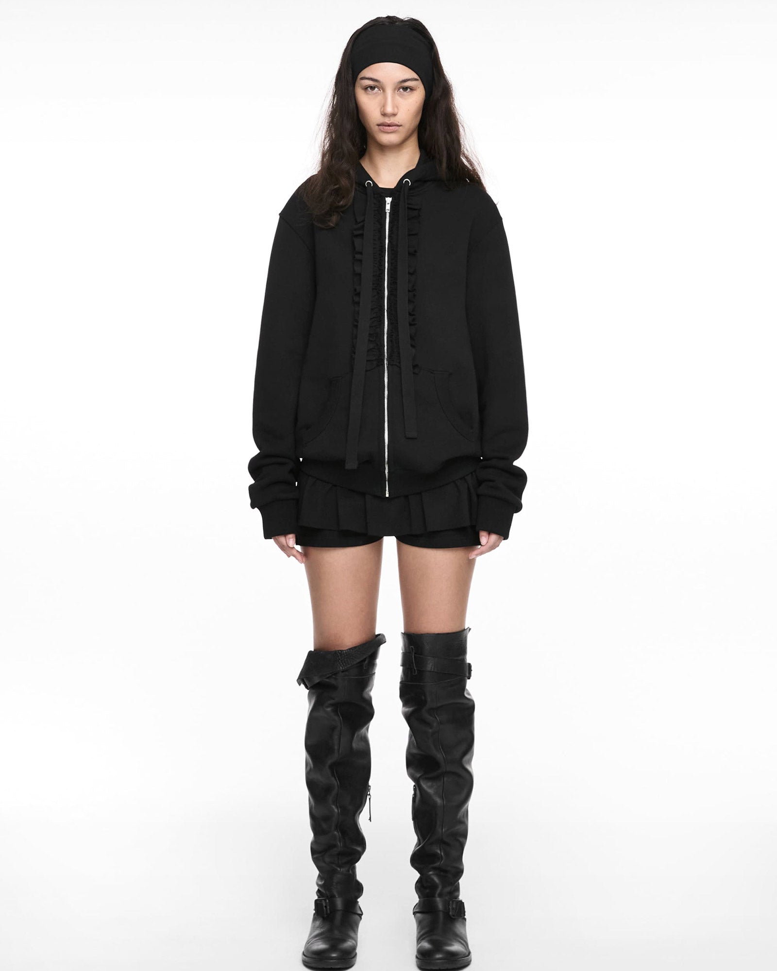 NACHE・Nache -  RUFFLE HOODIE ZIP-UP / BLACK