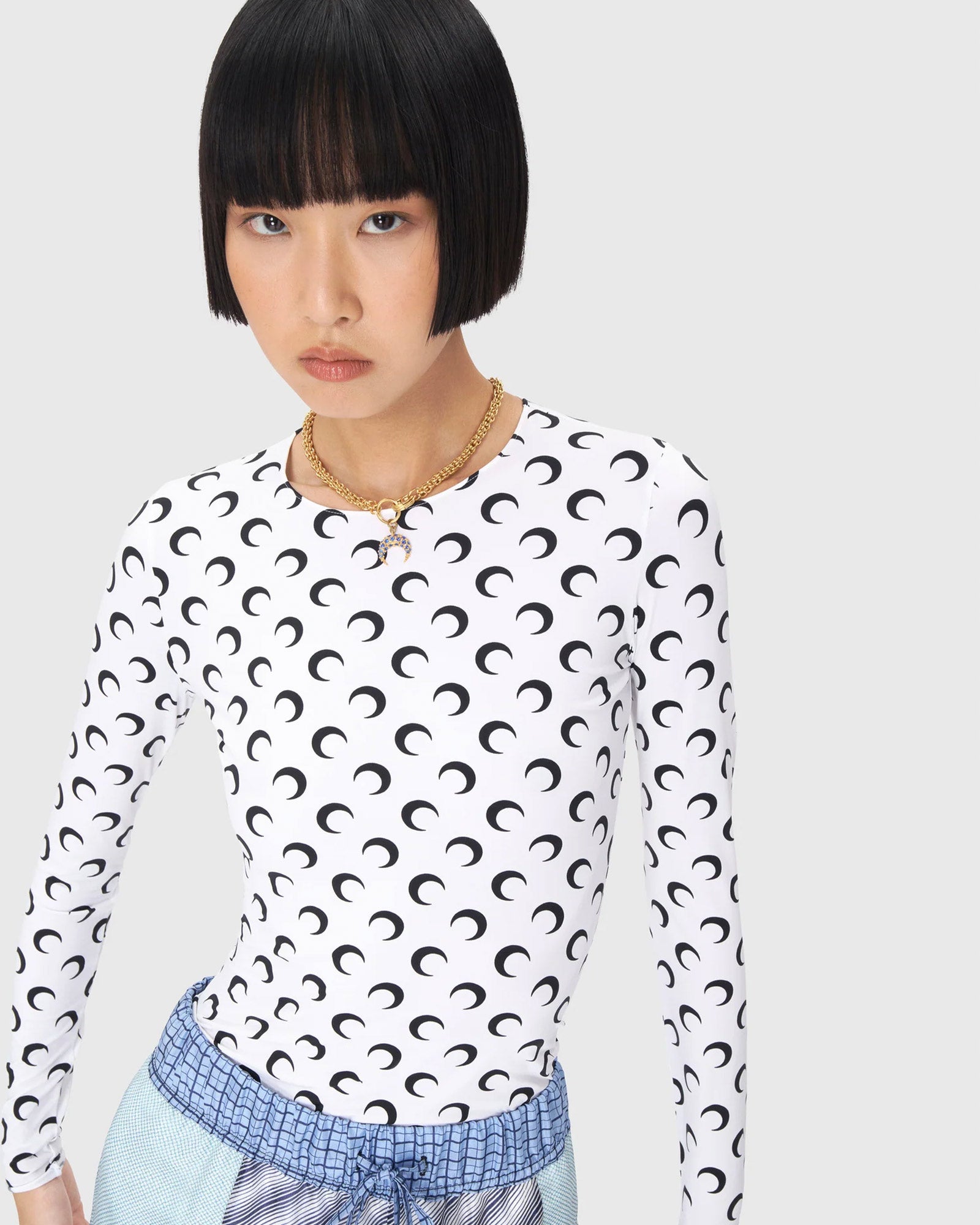 Marine Serre・マリーン・セル - L/S Tシャツ MOON PRINTED JERSEY LS CREWNECK TOP / OPTICAL WHITE