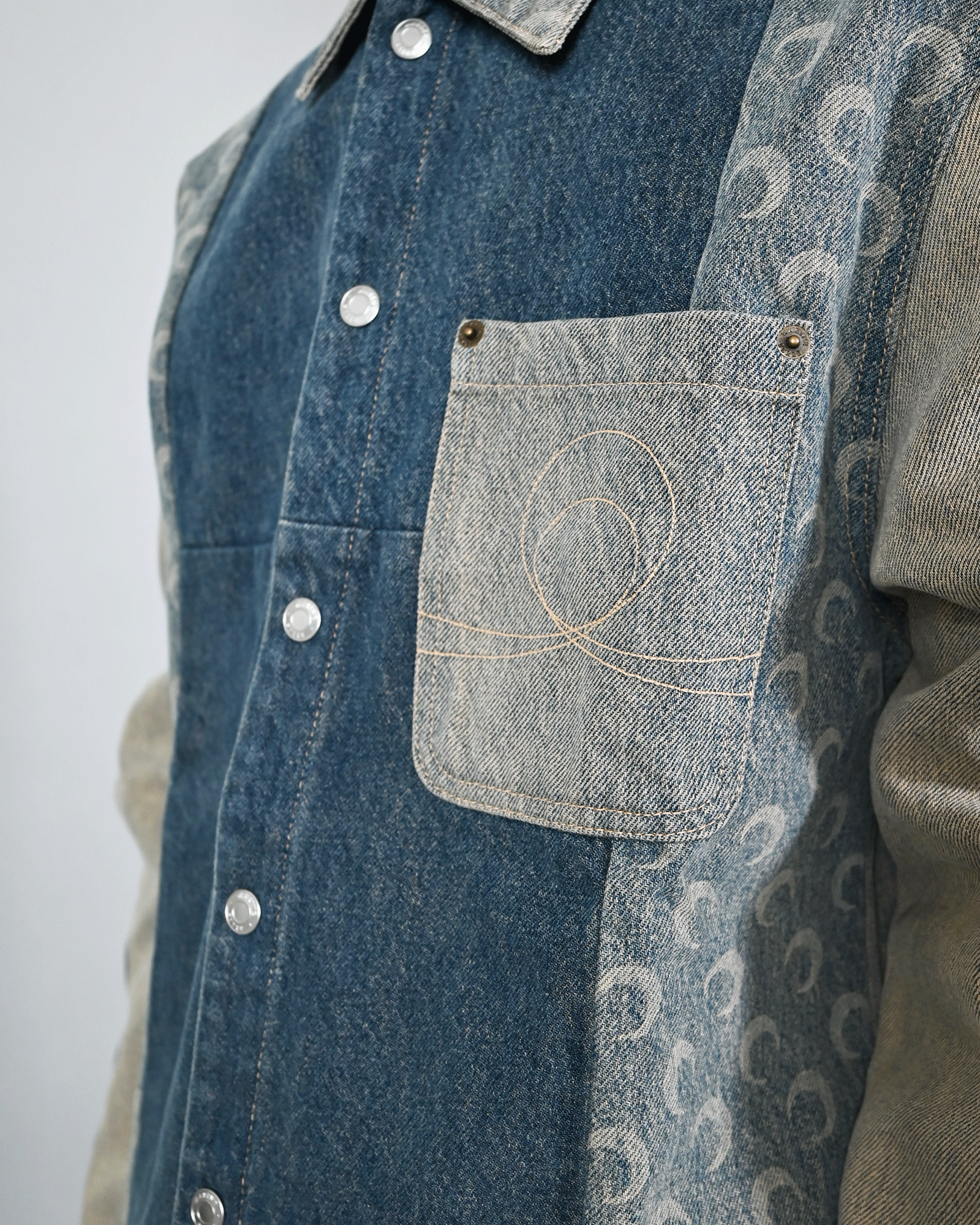 Marine Serre・marine cell -  REGENERATED DENIM BUTTON DOWN SHIRT / BLUE