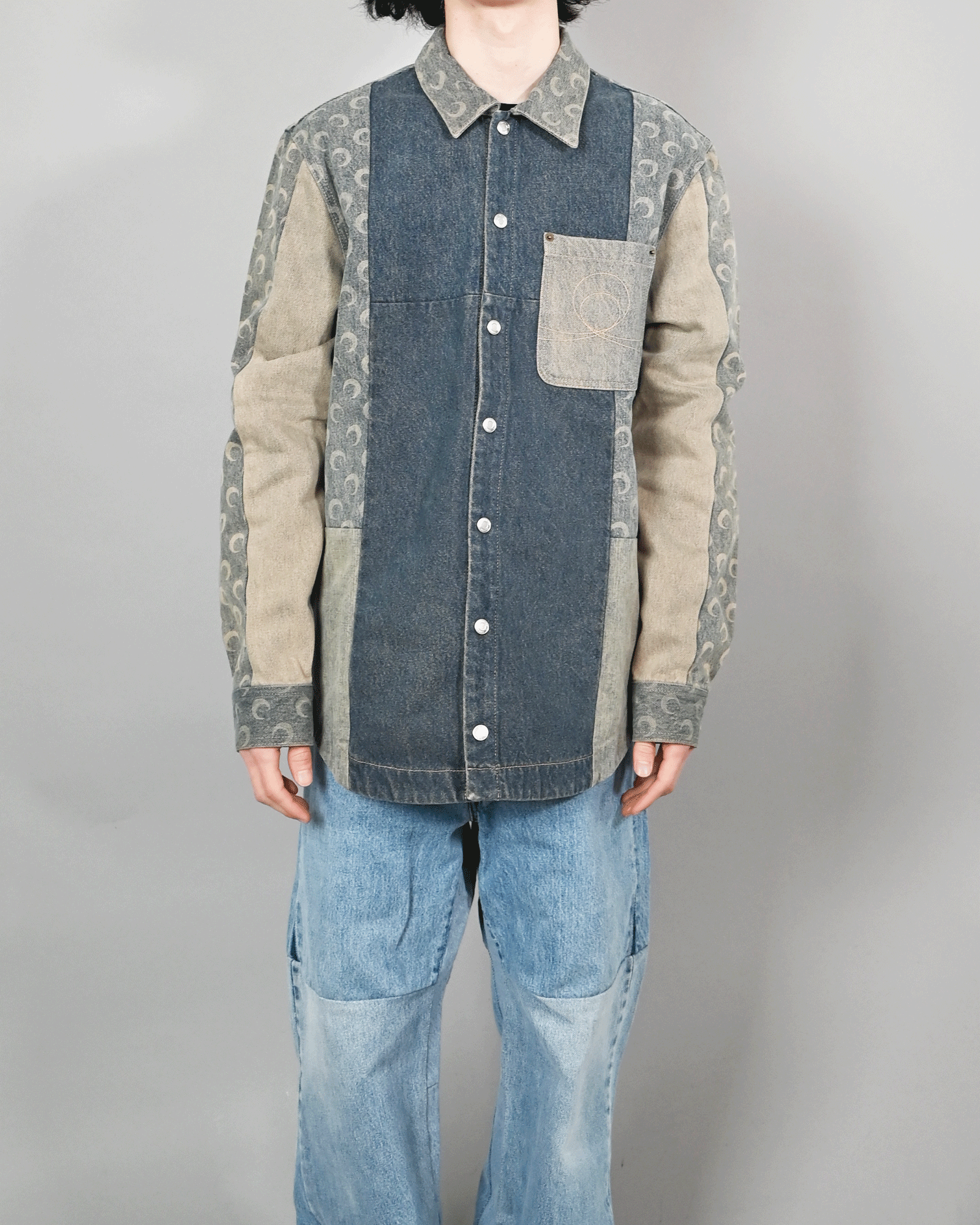 Marine Serre・marine cell -  REGENERATED DENIM BUTTON DOWN SHIRT / BLUE