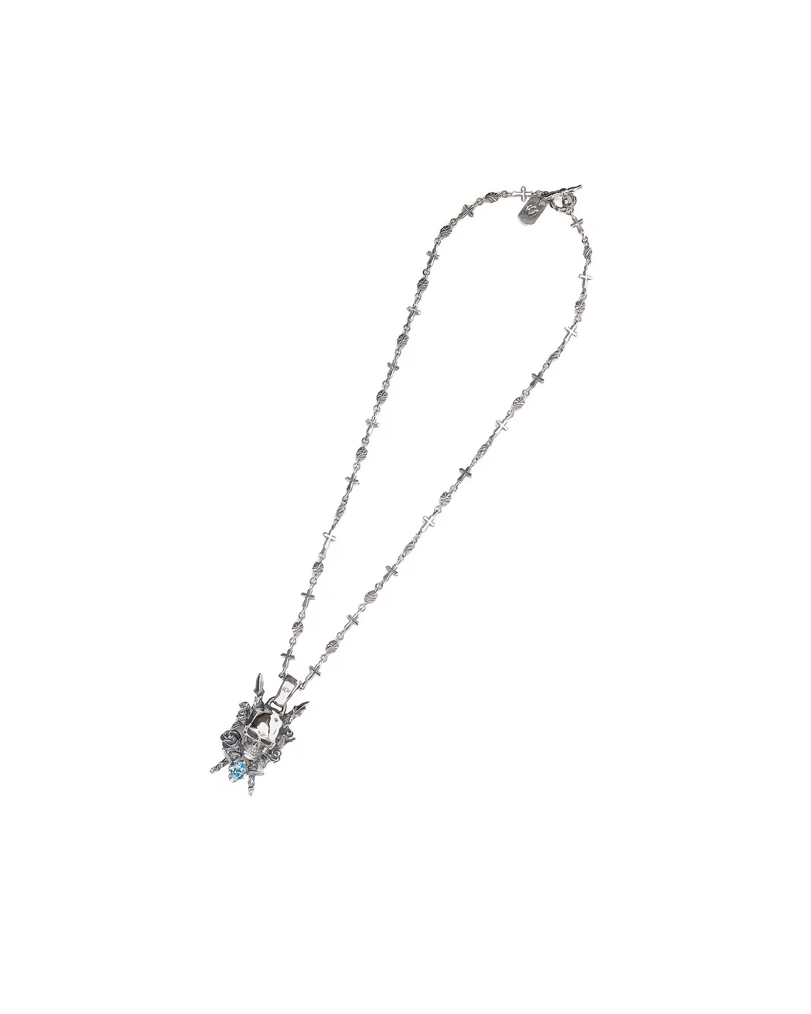 SILVER950/BLUE TOPAZ SCULL ROSE DAGGER PENDANT