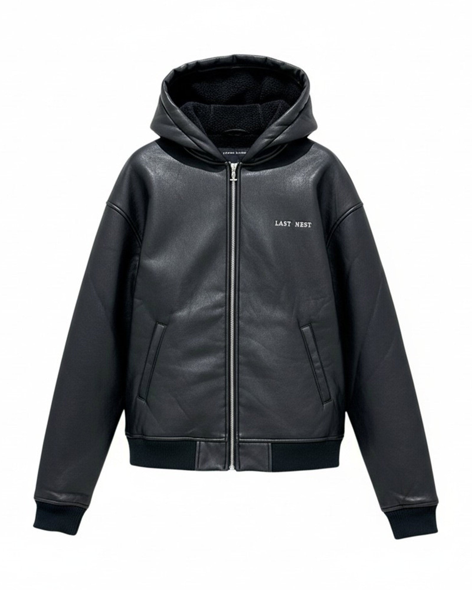 FAUX LEATHER BOA HOODIE / BLACK