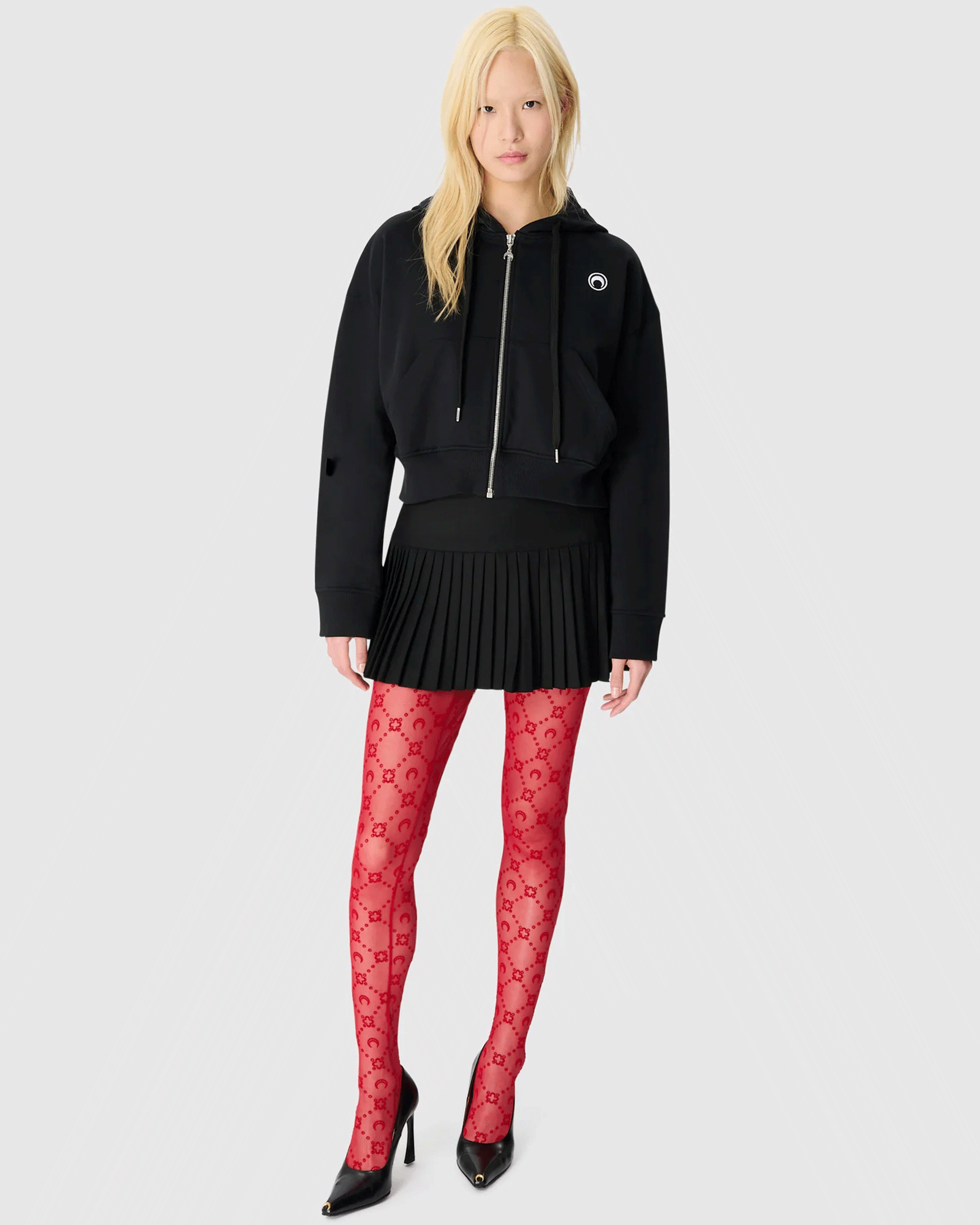 Marine Serre・marine cell -  MOON LOGO FLEECE CROPPED ZIPPED HOODIE / BLACK