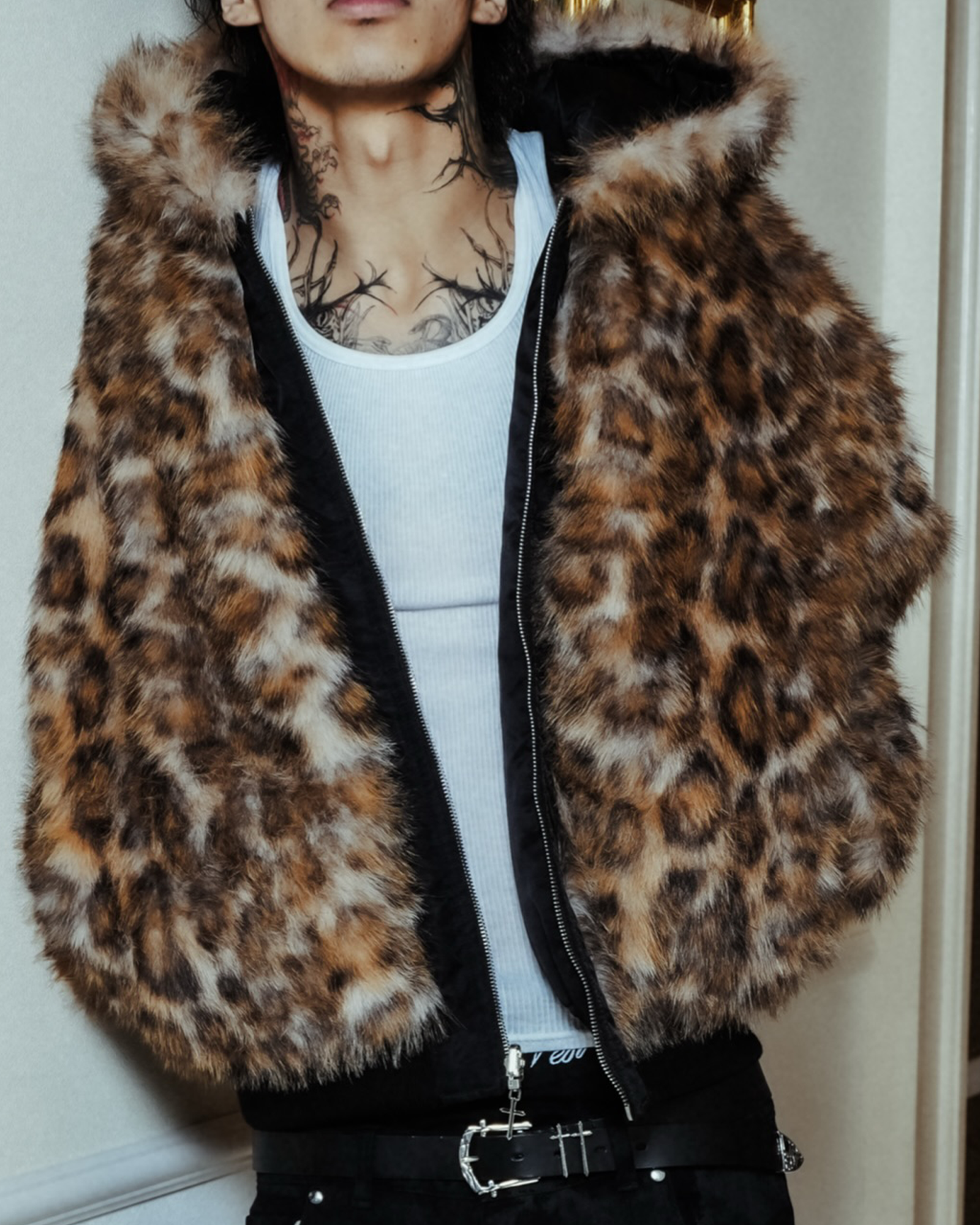 LAST NEST・ラストネスト - ジャケット REVERSIBLE LEOPARD FUR JACKET / BLACK