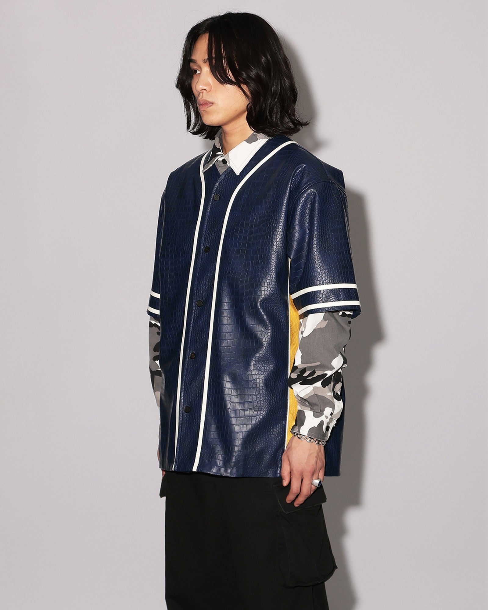 AMBUSH・アンブッシュ - シャツ FAKE CROCODILE LEATHER BASEBALL SHIRT / NAVY