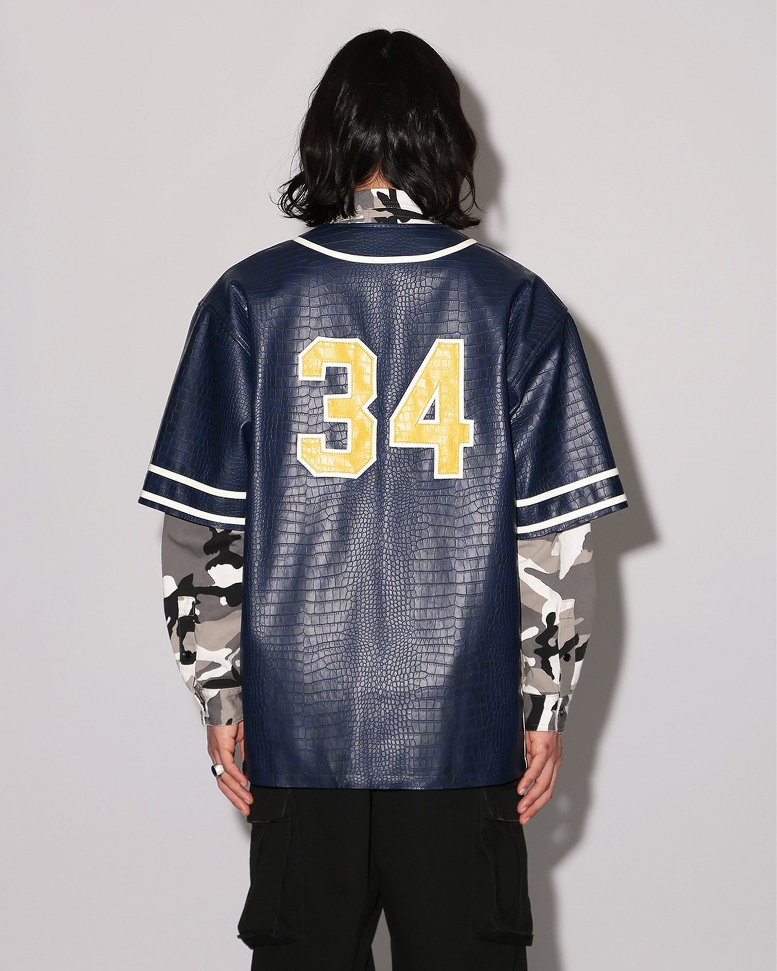 AMBUSH・アンブッシュ - シャツ FAKE CROCODILE LEATHER BASEBALL SHIRT / NAVY