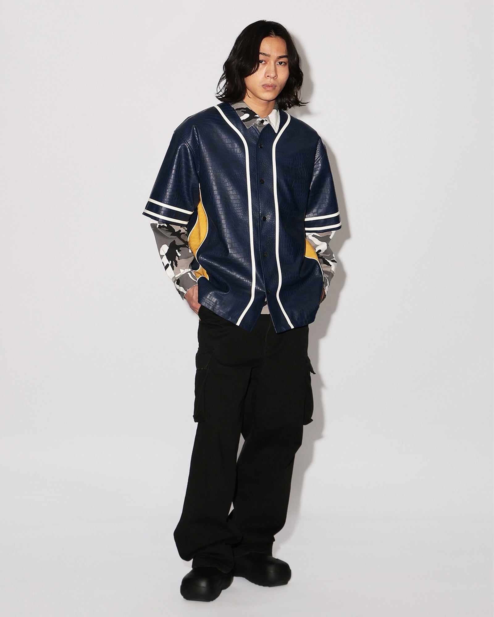 AMBUSH・アンブッシュ - シャツ FAKE CROCODILE LEATHER BASEBALL SHIRT / NAVY