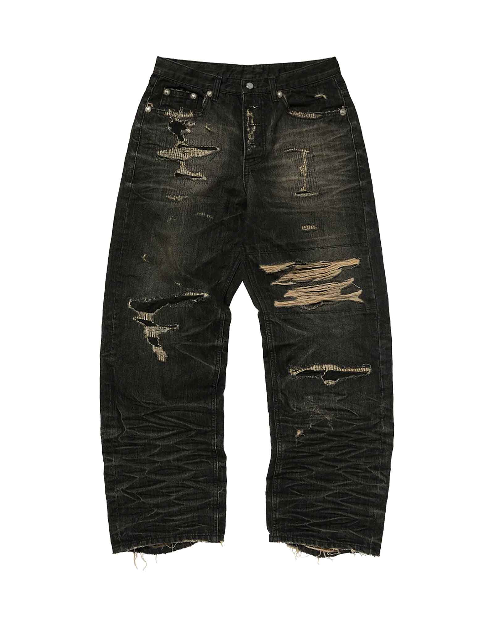 THUG CLUB・サグクラブ - デニムパンツ SKULL STITCH RIPPED DENIM PANTS / BLACK