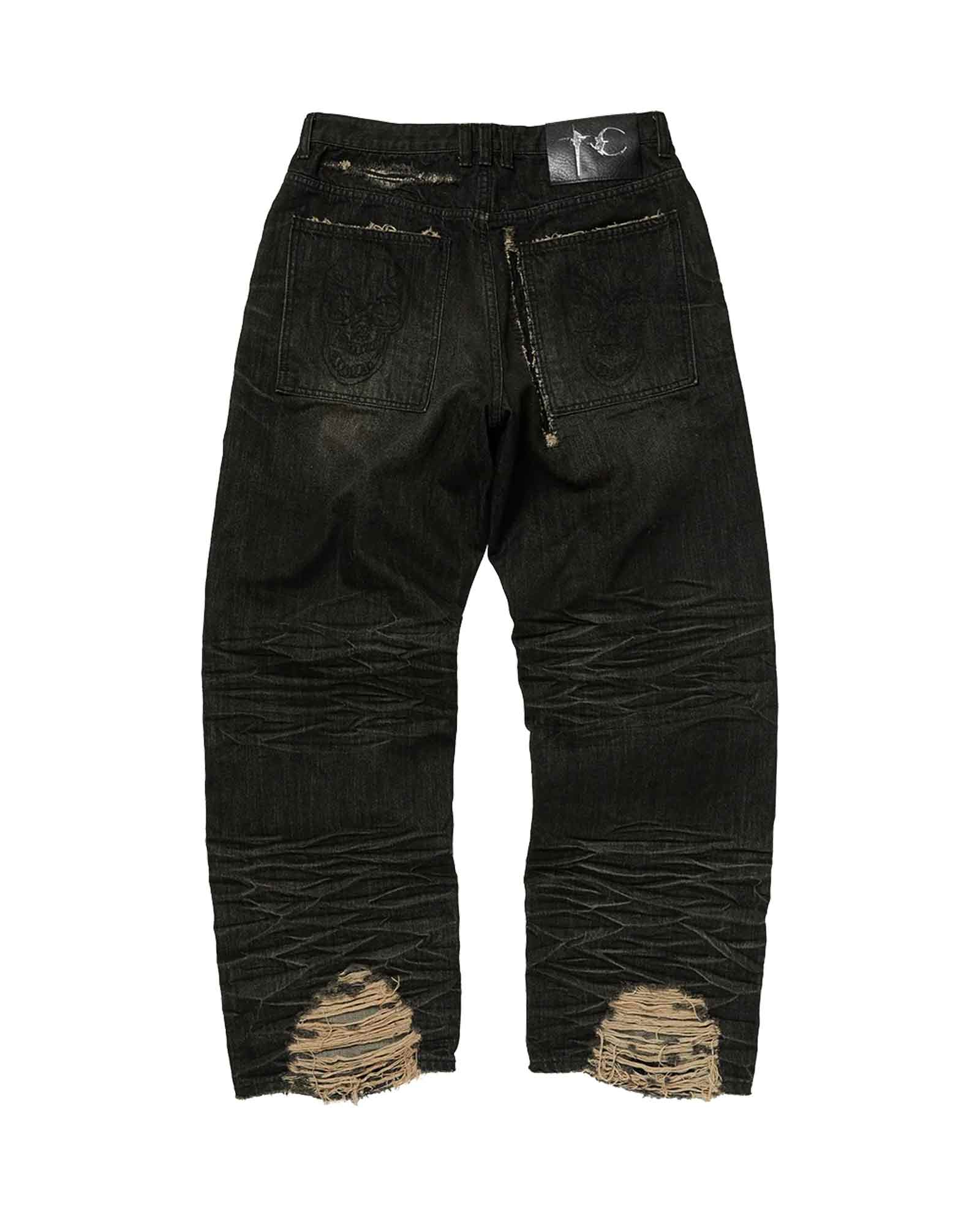 THUG CLUB・サグクラブ - デニムパンツ SKULL STITCH RIPPED DENIM PANTS / BLACK