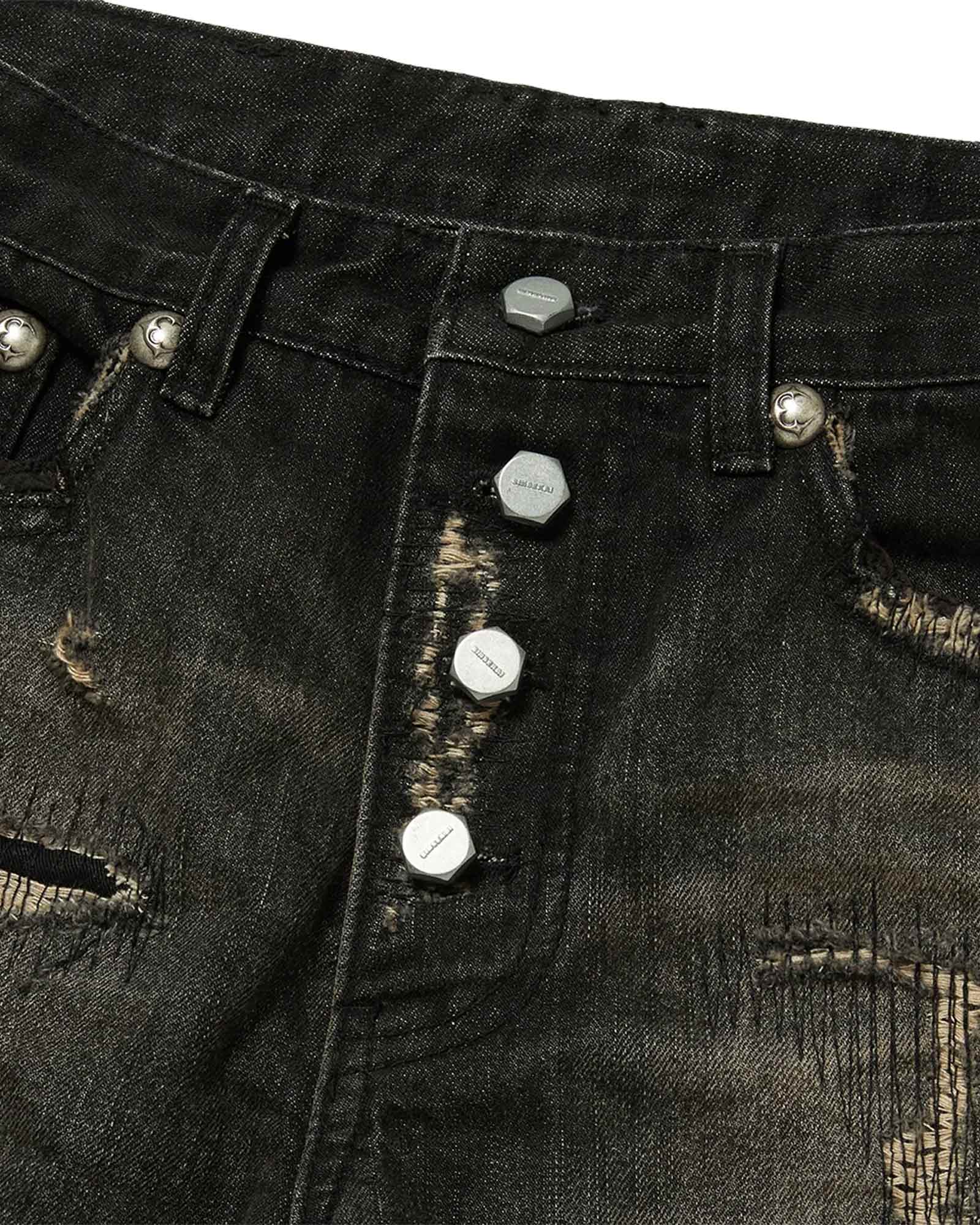 THUG CLUB・サグクラブ - デニムパンツ SKULL STITCH RIPPED DENIM PANTS / BLACK