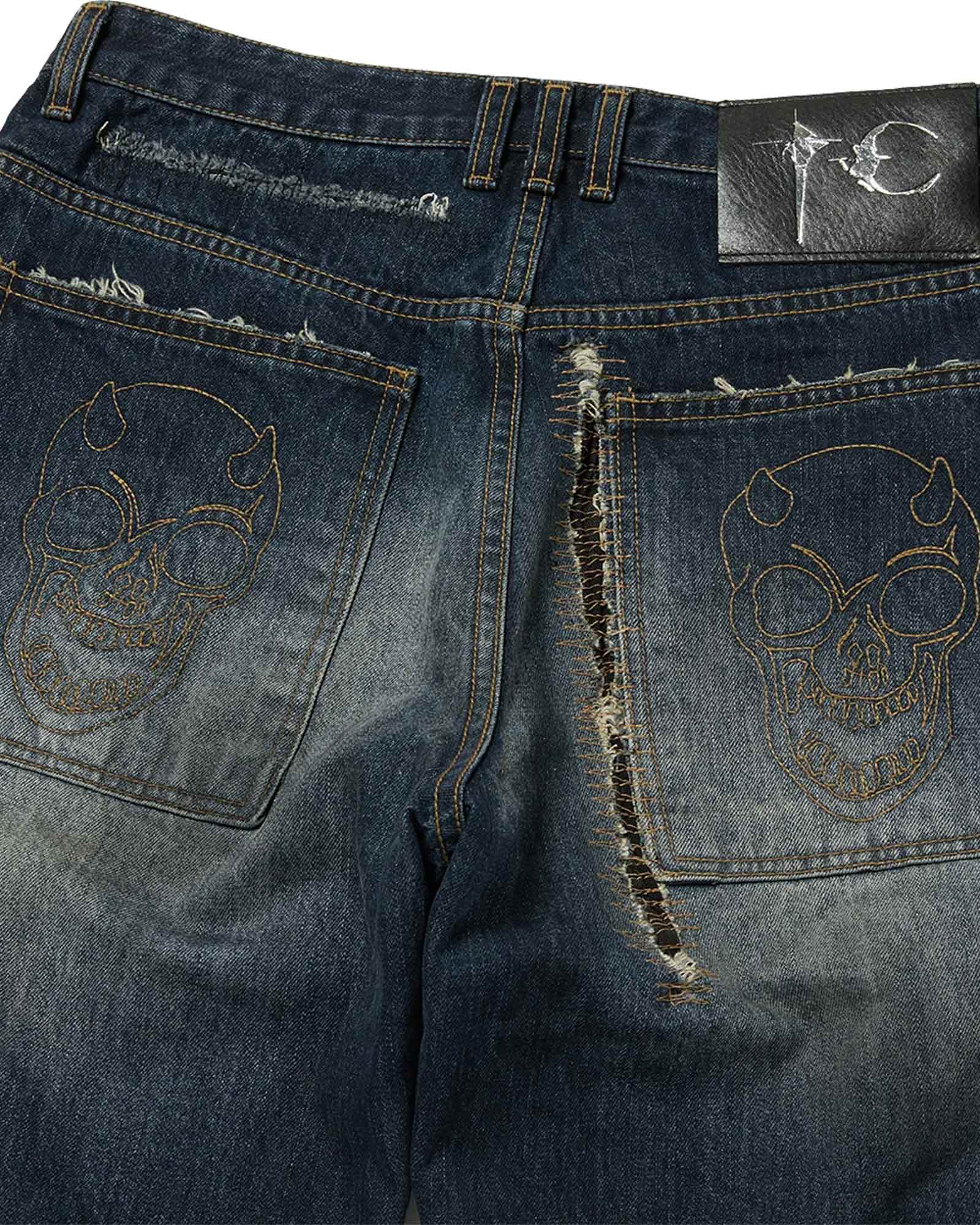 THUG CLUB・サグクラブ - デニムパンツ SKULL STITCH RIPPED DENIM PANTS / BLACK