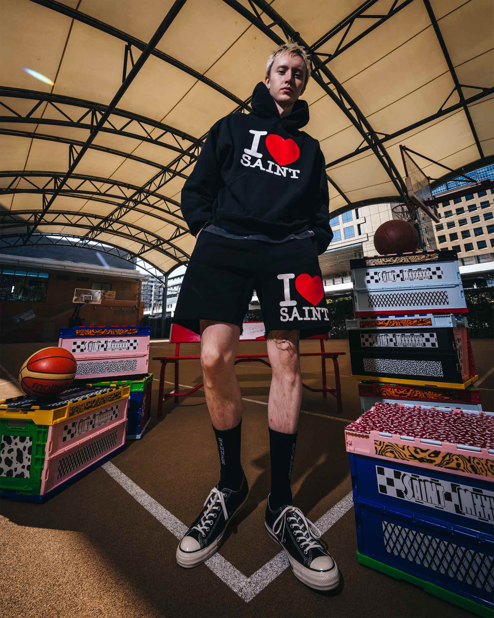 ©SAINT M××××××・セントマイケル - ハーフ・ショートパンツ SWEAT SHORTS/I LOVE SAINT / BLACK