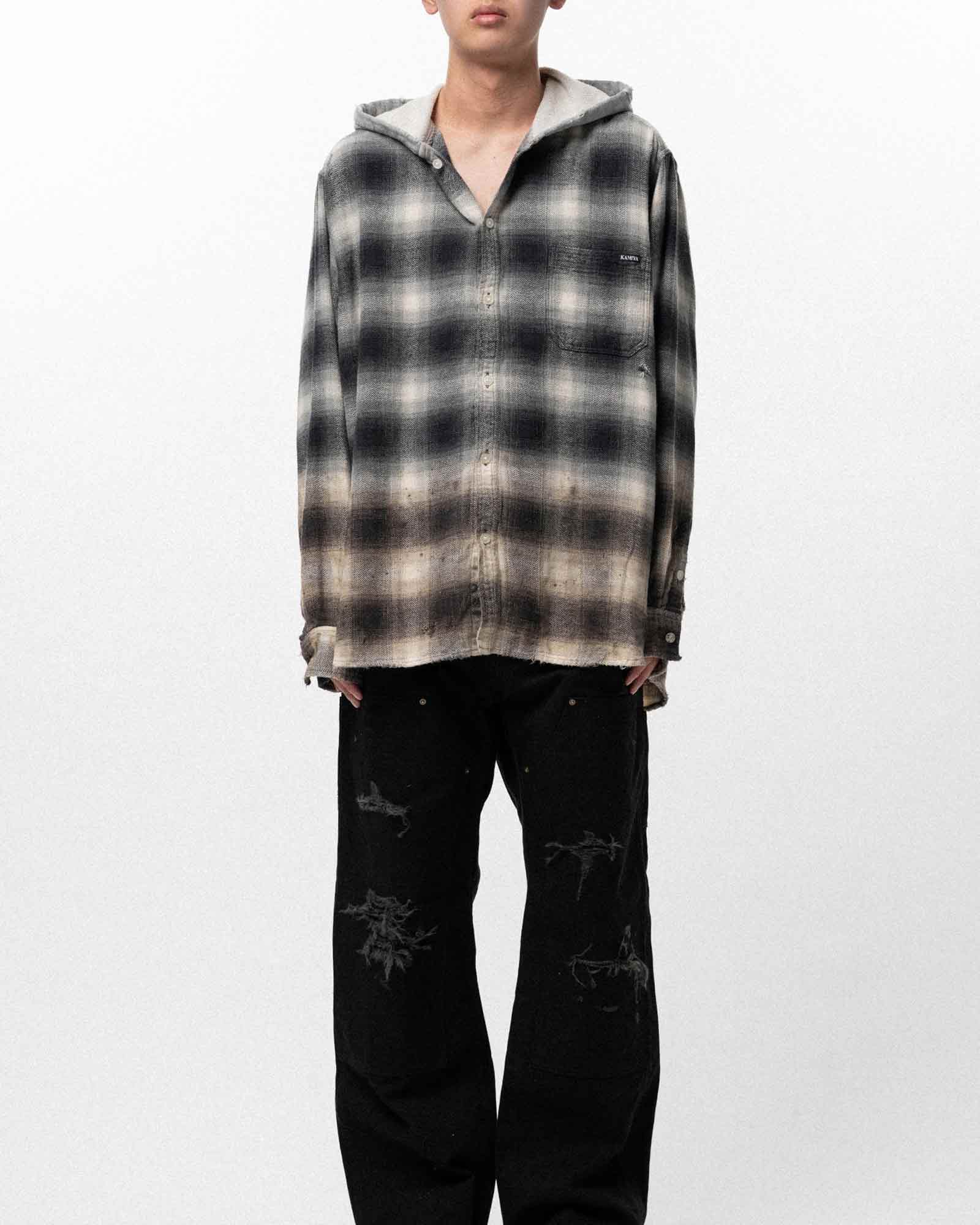 KAMIYA・カミヤ - シャツ DISTRESSED HOODED CHECKED SHIRT / BLACK