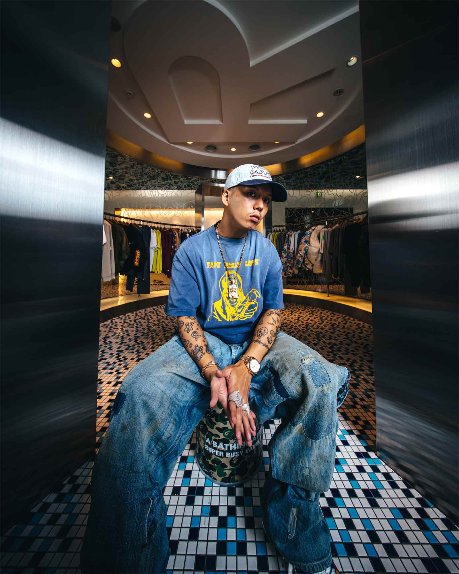 ©SAINT M××××××・セントマイケル - Tシャツ・カットソー BAPE_SS T-SHIRT/FADE AWAY LV / NAVY