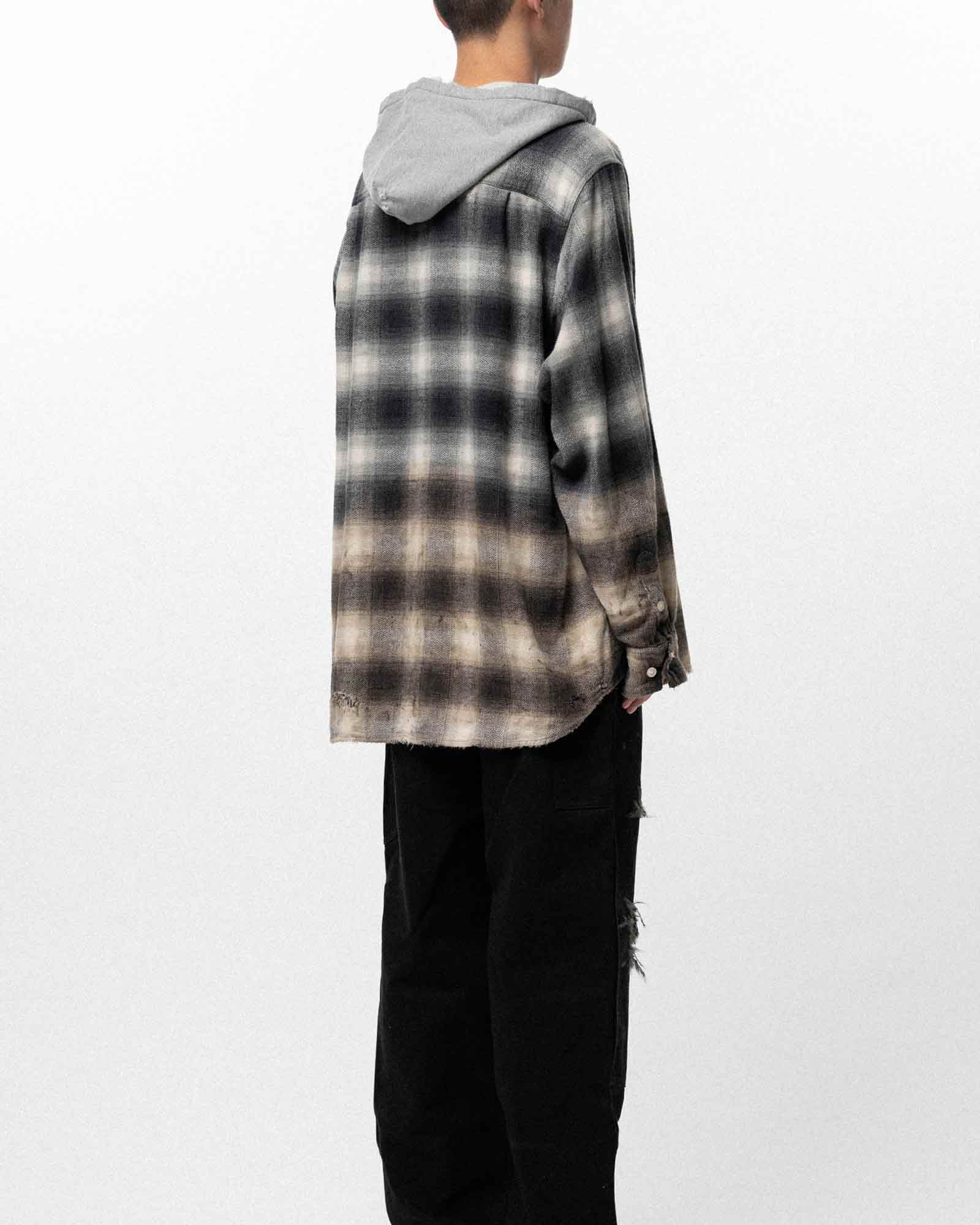 KAMIYA・カミヤ - シャツ DISTRESSED HOODED CHECKED SHIRT / BLACK
