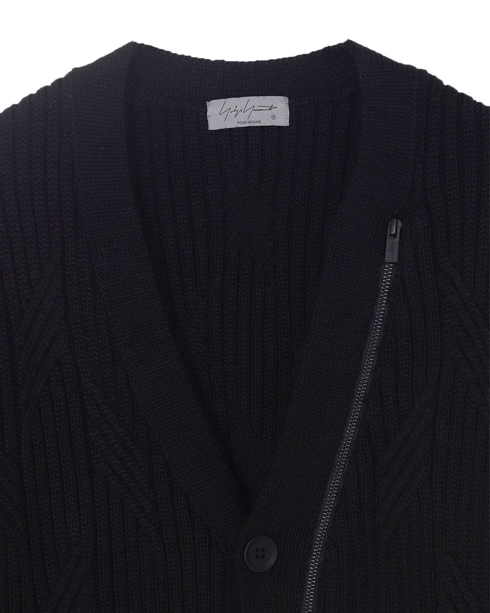 Yohji Yamamoto・ヨウジ ヤマモト - ニット・セーター 5G1P CABLE+CARDIGAN STITCH ZIP V NECK CARDIGAN / BLACK