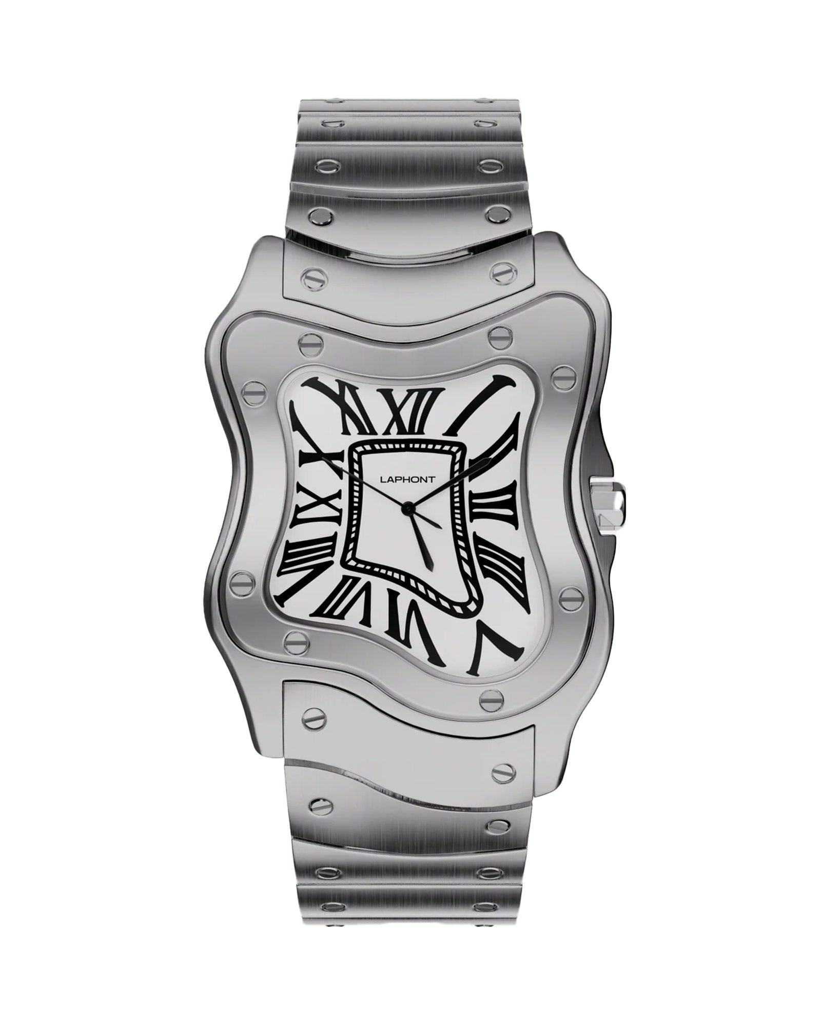 LAURENT WATCH LARGE SILVER CASE STEEL BAND WHITE DIAL / SILVER