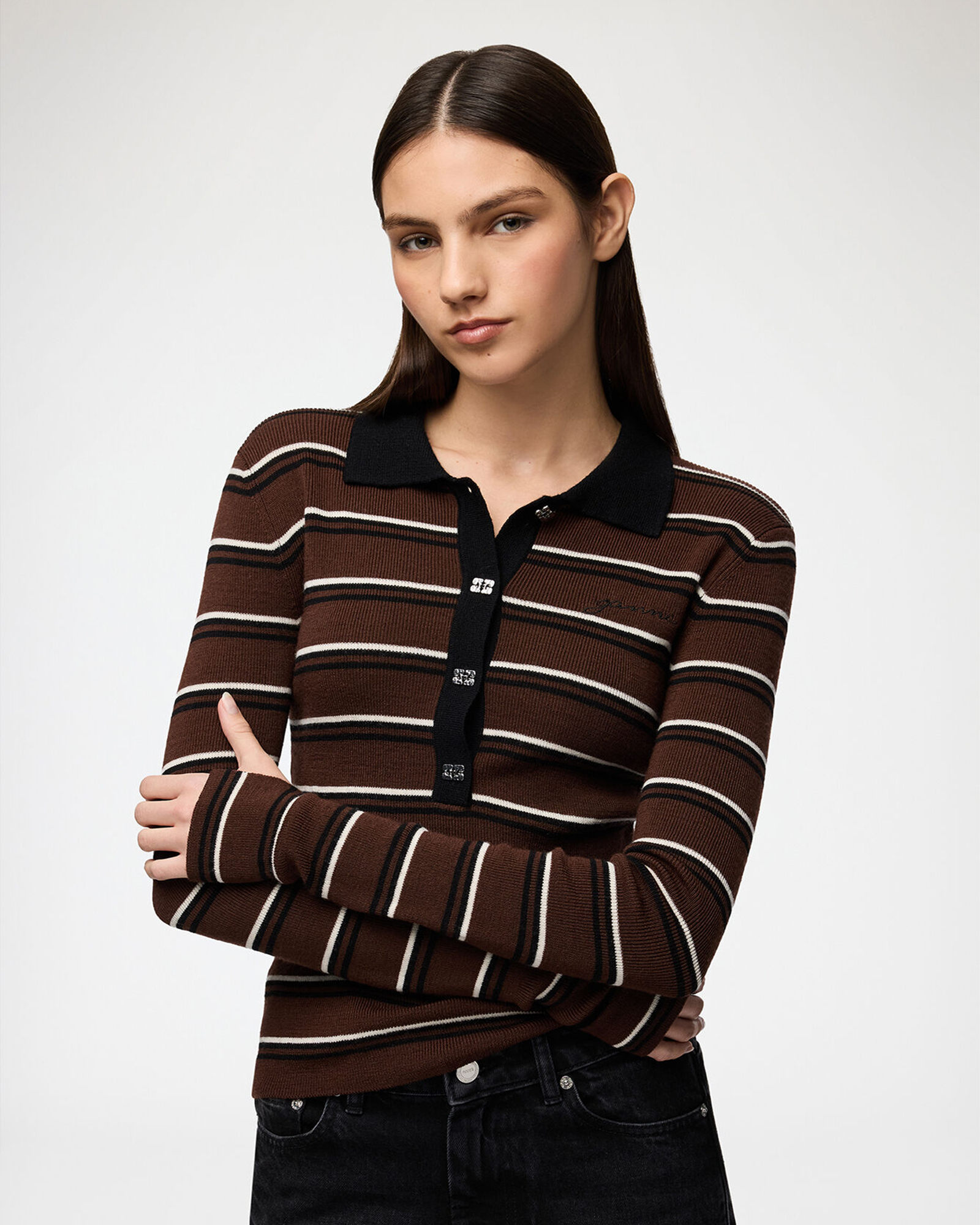 GANNI・ガニー - ポロシャツ MINI RIBBED MERINO POLO / MULTI COLOR