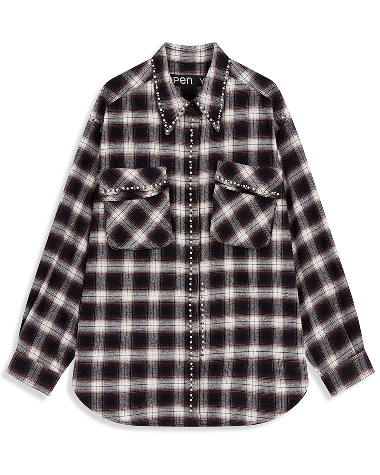 BEADED POCKET SHIRT / CHECKERED BROWN