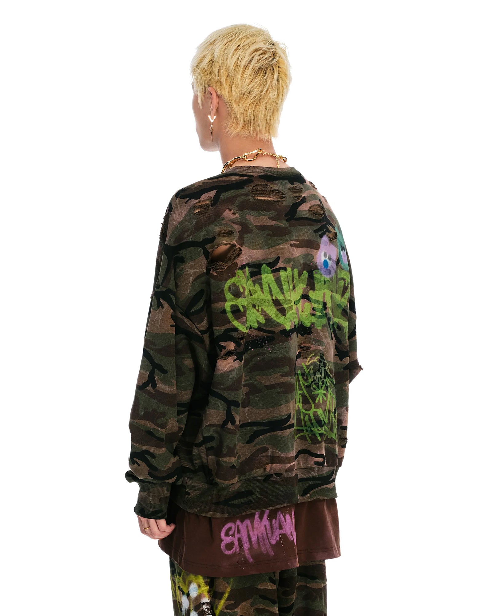 SANKUANZ・サンクアンズ - スウェット BUMPY GRAFFITI PRINT DOUBLE HEM CREWNECK SWEATSHIRT / CAMOUFLAGE