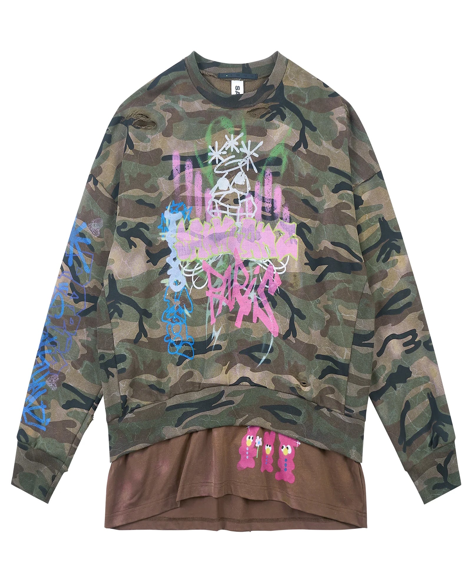 BUMPY GRAFFITI PRINT DOUBLE HEM CREWNECK SWEATSHIRT / CAMOUFLAGE