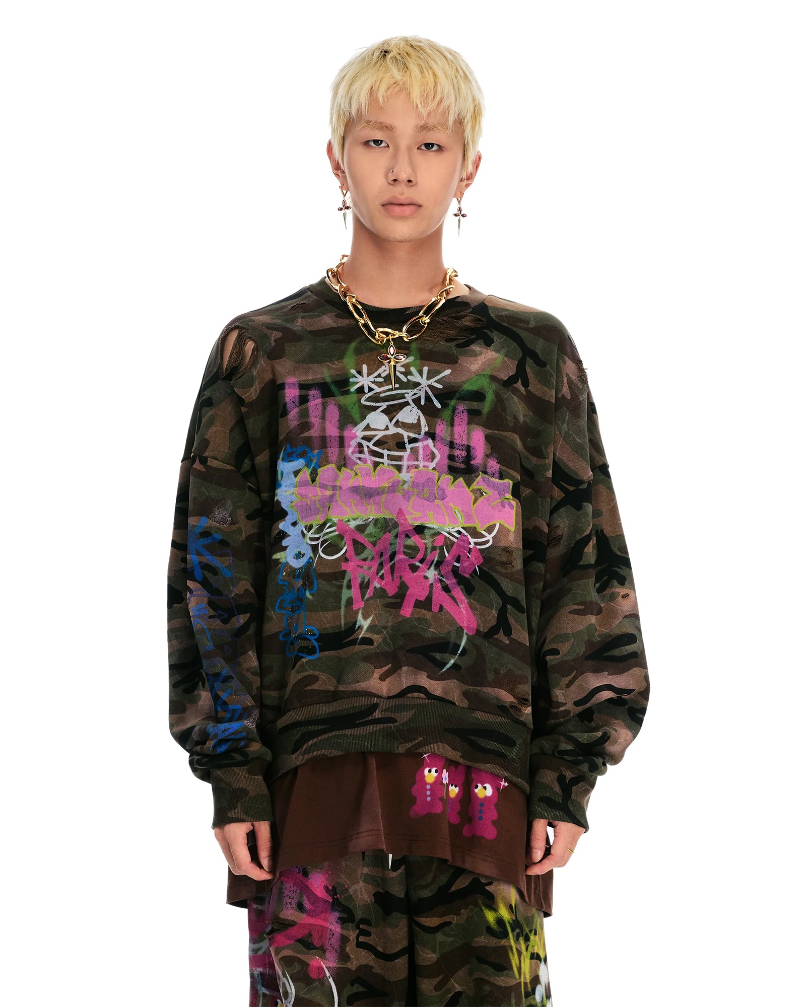 SANKUANZ・サンクアンズ - スウェット BUMPY GRAFFITI PRINT DOUBLE HEM CREWNECK SWEATSHIRT / CAMOUFLAGE