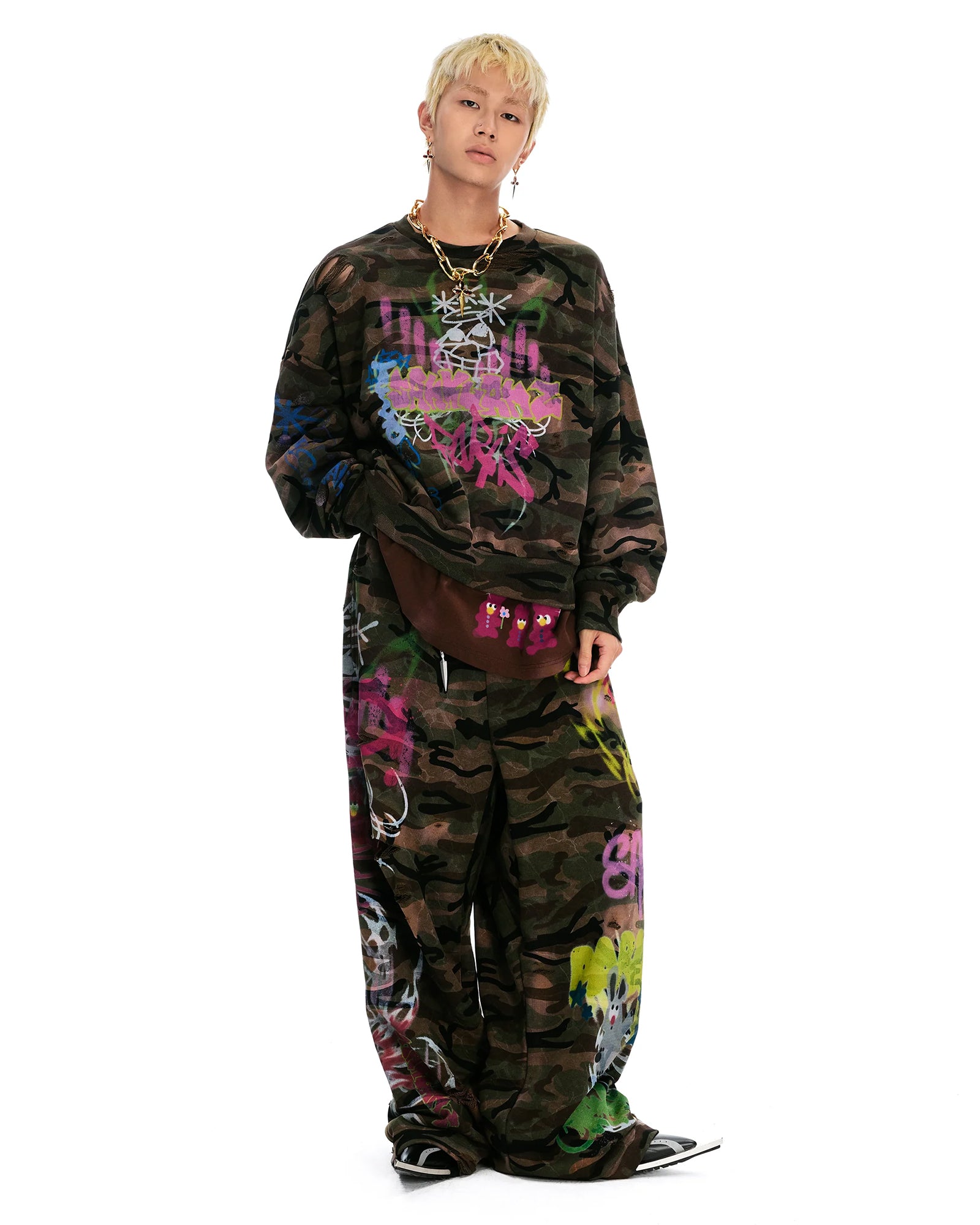 SANKUANZ・サンクアンズ - スウェット BUMPY GRAFFITI PRINT DOUBLE HEM CREWNECK SWEATSHIRT / CAMOUFLAGE