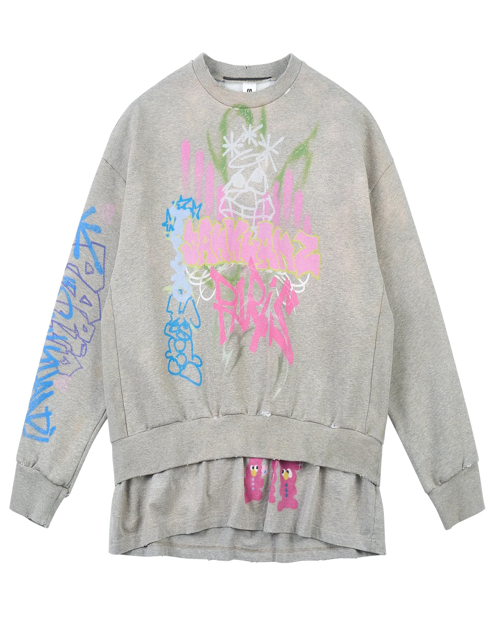 SANKUANZ・サンクアンズ - スウェット BUMPY GRAFFITI PRINT DOUBLE HEM CREWNECK SWEATSHIRT / GREY