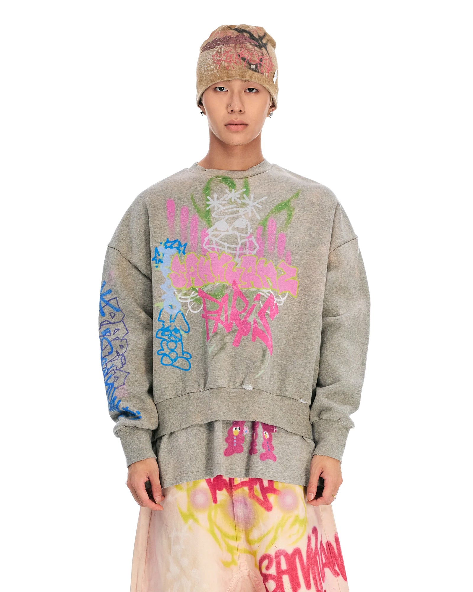 SANKUANZ・サンクアンズ - スウェット BUMPY GRAFFITI PRINT DOUBLE HEM CREWNECK SWEATSHIRT / GREY