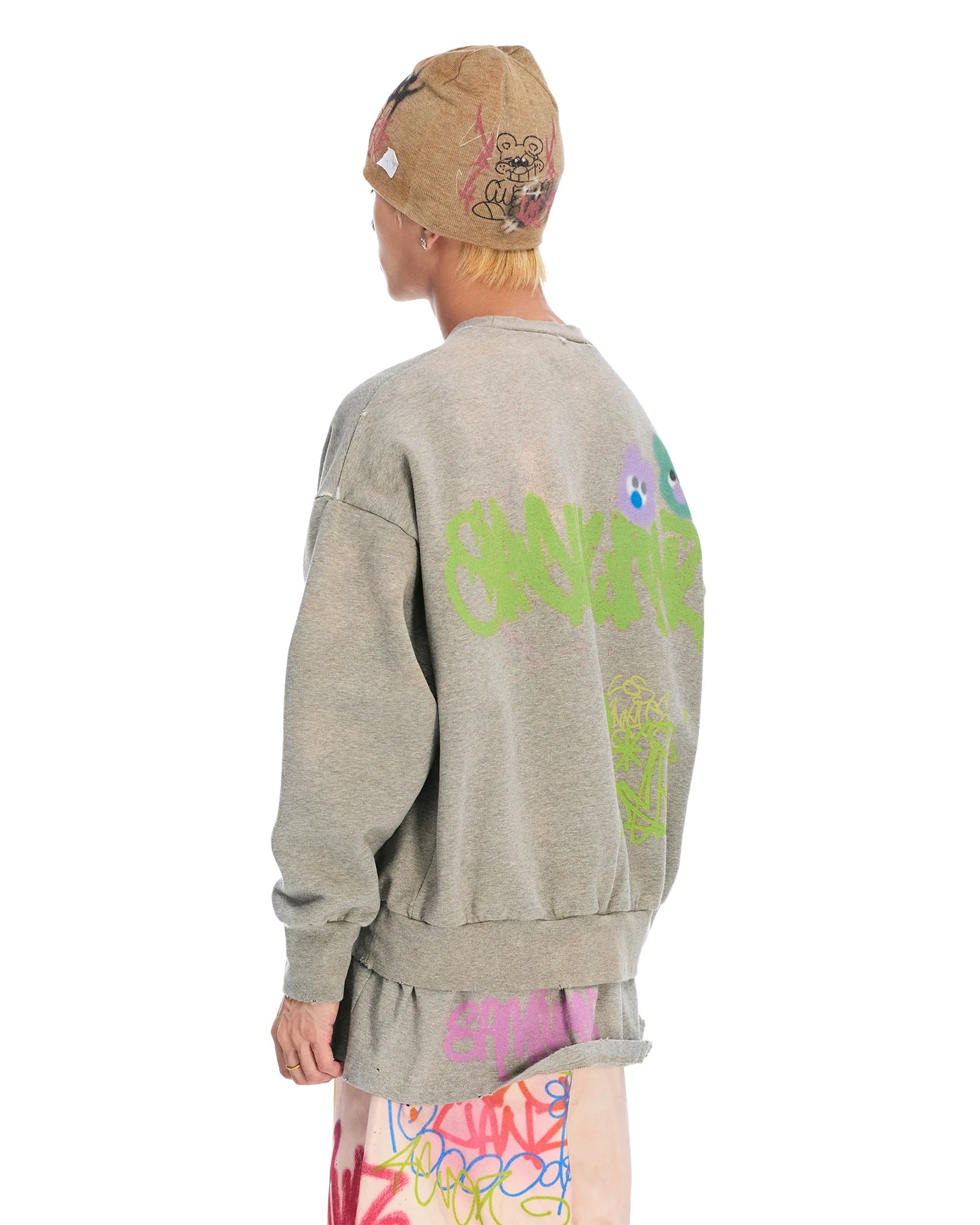 SANKUANZ・サンクアンズ - スウェット BUMPY GRAFFITI PRINT DOUBLE HEM CREWNECK SWEATSHIRT / GREY