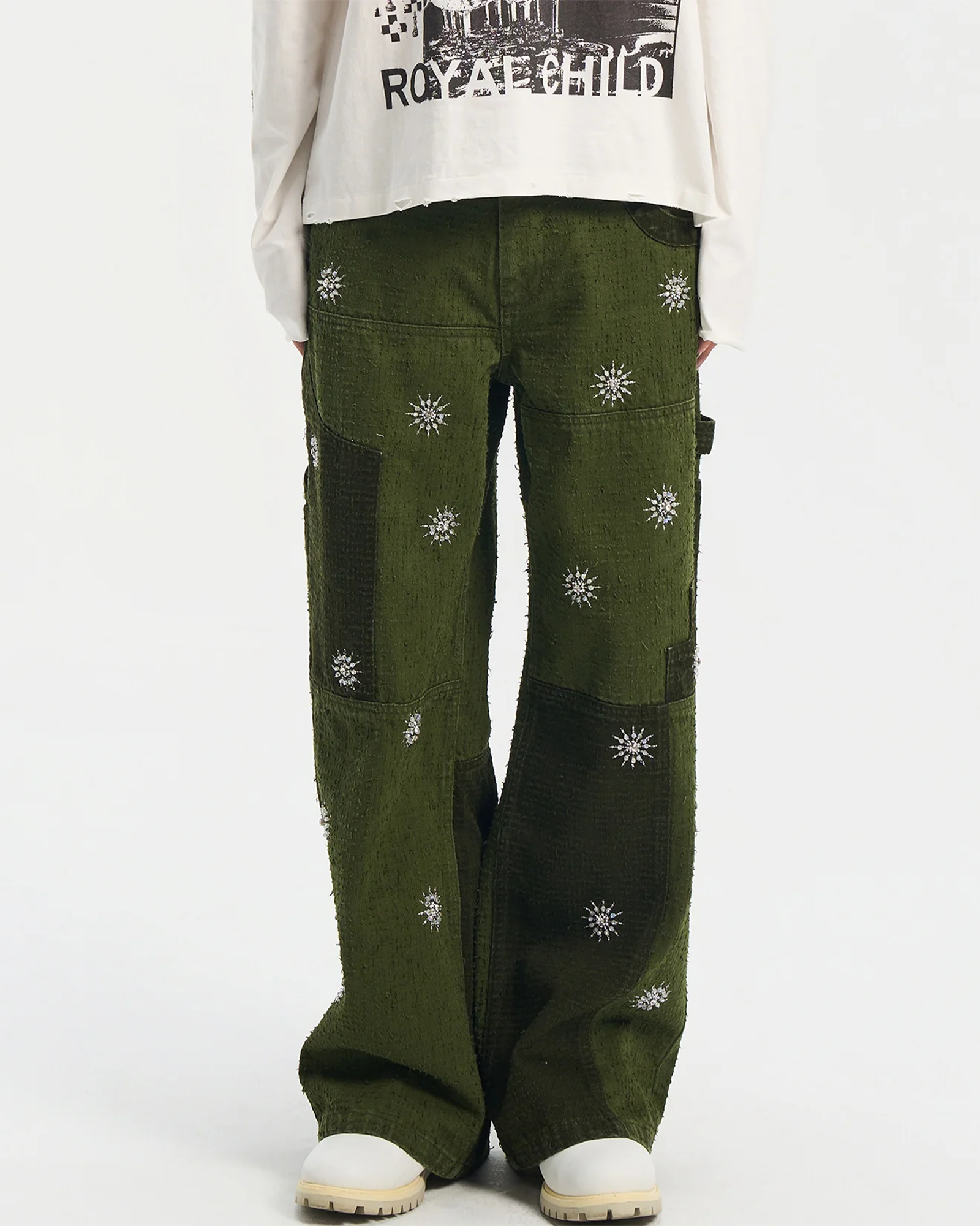 BIRTH OF ROYAL CHILD・バース・オブ・ロイヤル・チャイルド - デニムパンツ BEADED PATCH CARGO PANTS / GREEN