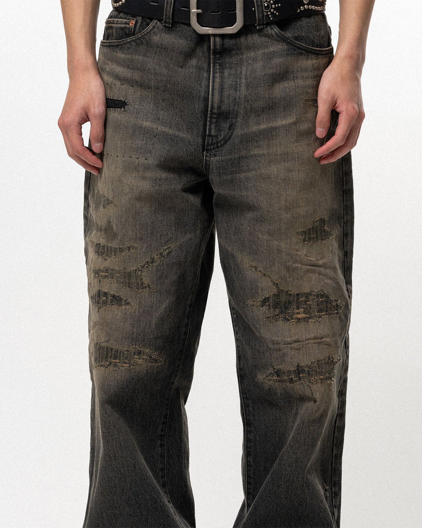 KAMIYA (カミヤ) SS26 BORO BOOTCUT WIDE DENIM PANTS / BLACK
