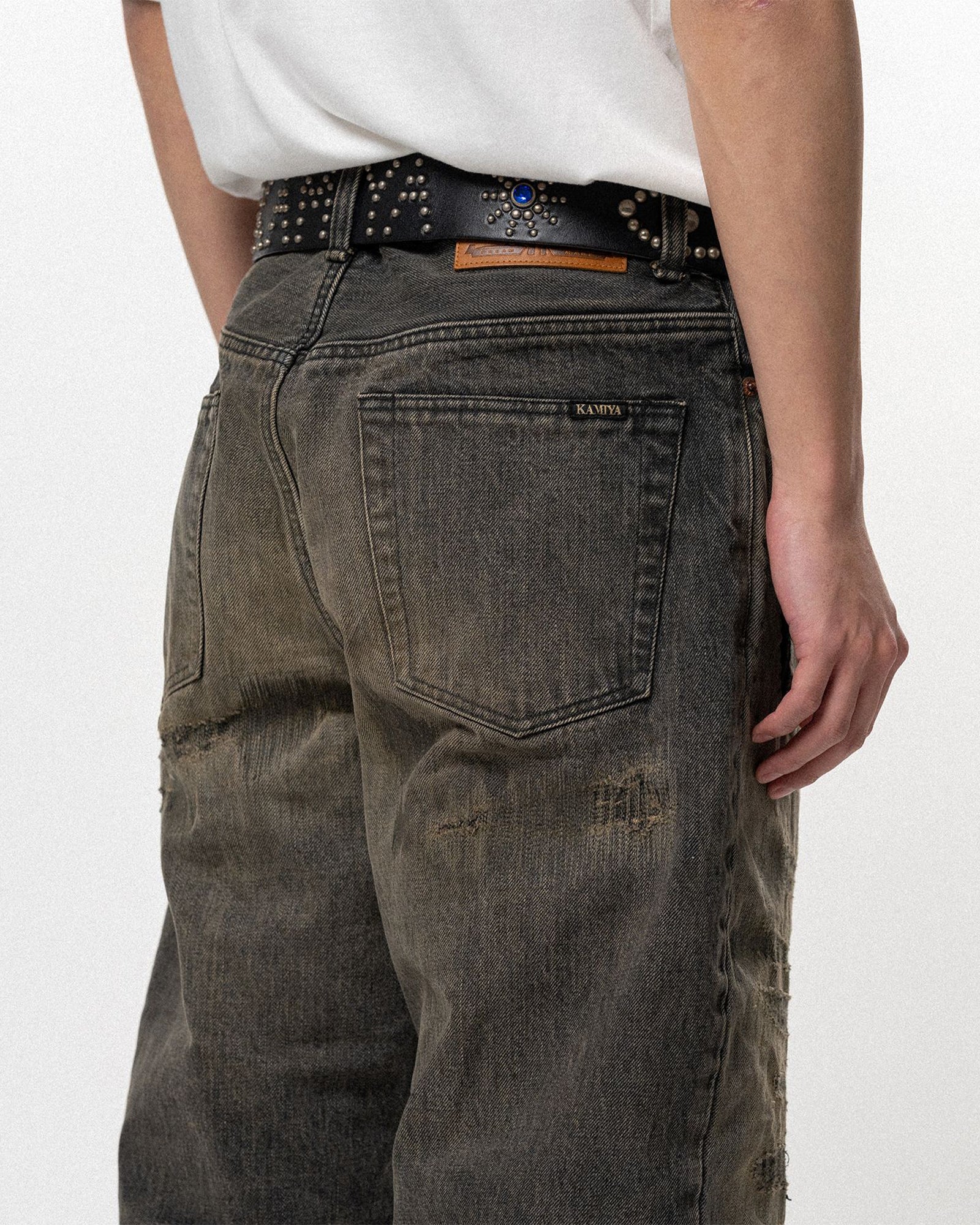 KAMIYA (カミヤ) SS26 BORO BOOTCUT WIDE DENIM PANTS / BLACK 
