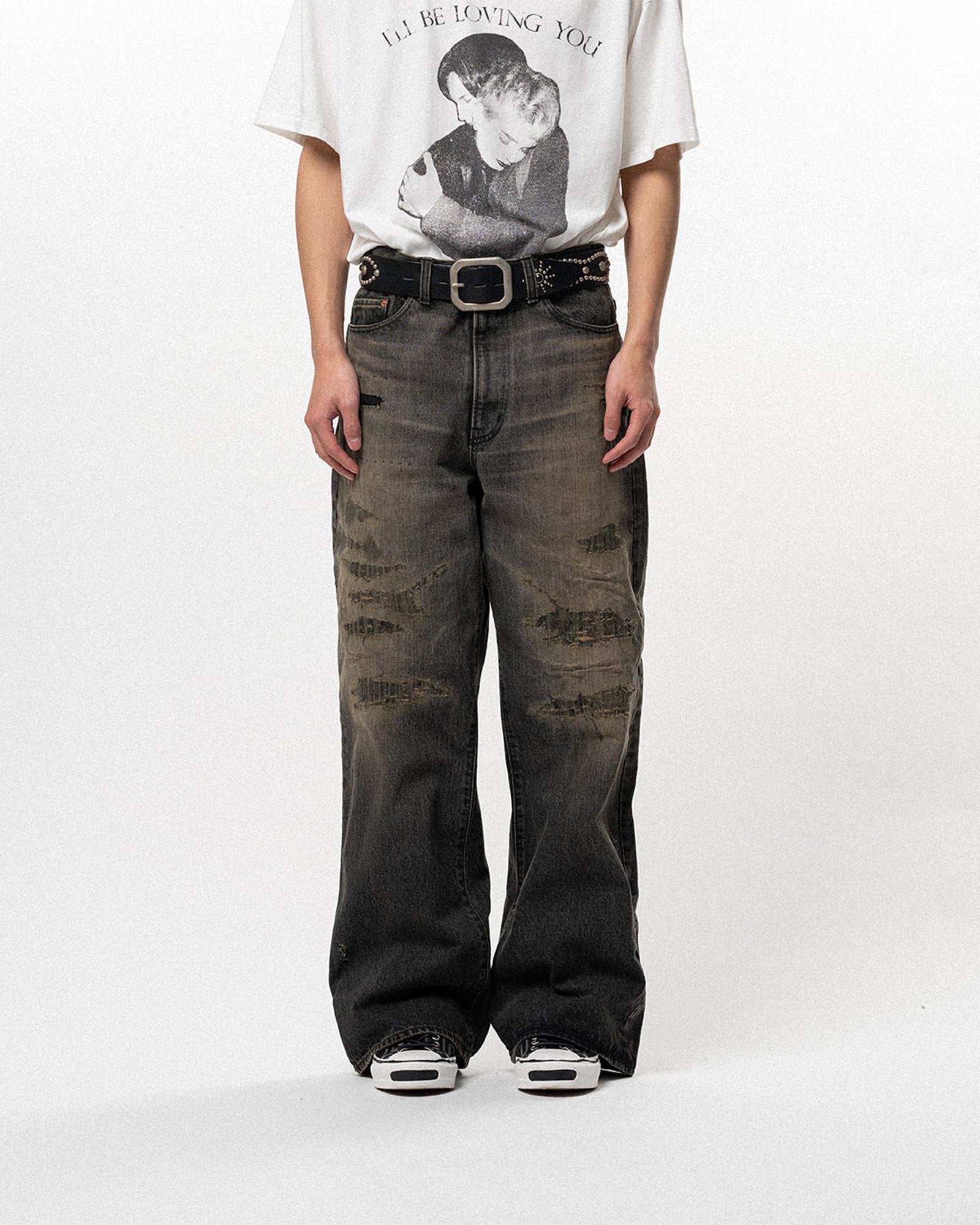 KAMIYA (カミヤ) SS26 BORO BOOTCUT WIDE DENIM PANTS / BLACK 