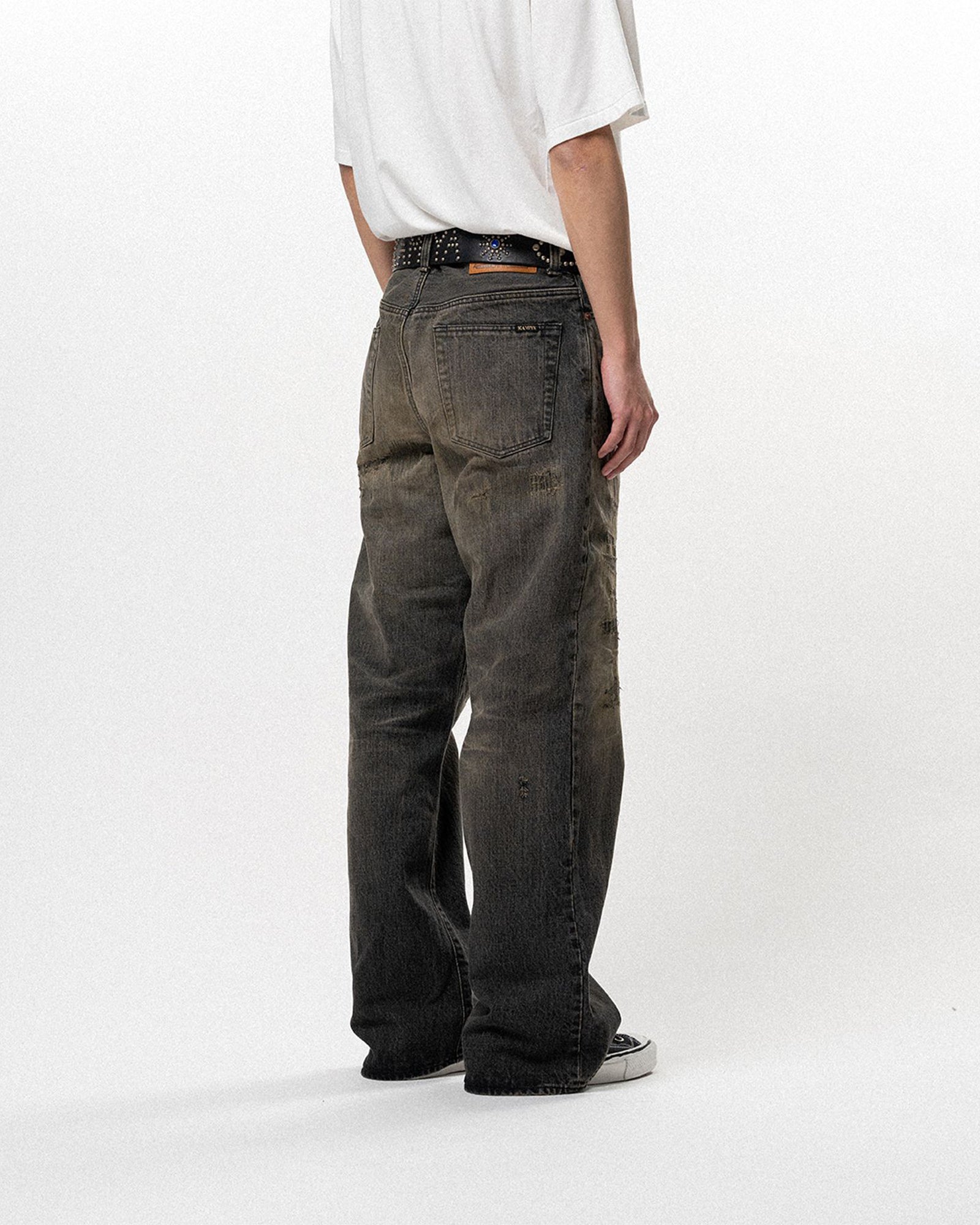 KAMIYA (カミヤ) SS26 BORO BOOTCUT WIDE DENIM PANTS / BLACK