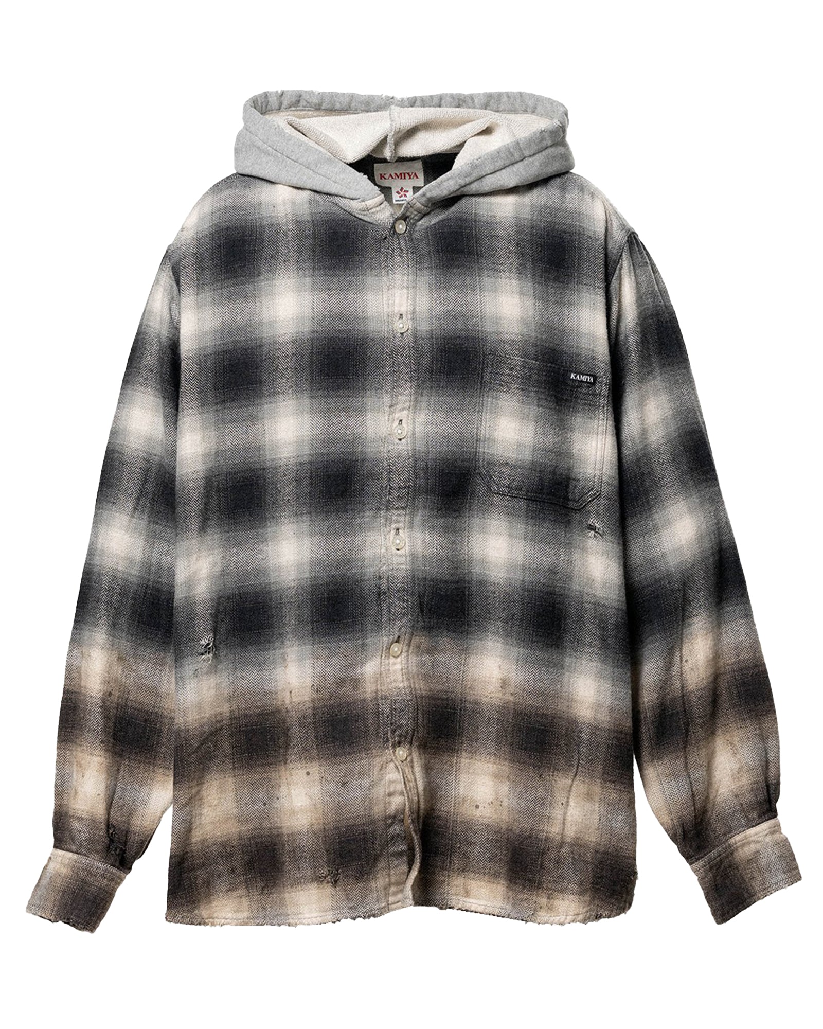 KAMIYA・カミヤ - シャツ DISTRESSED HOODED CHECKED SHIRT / BLACK
