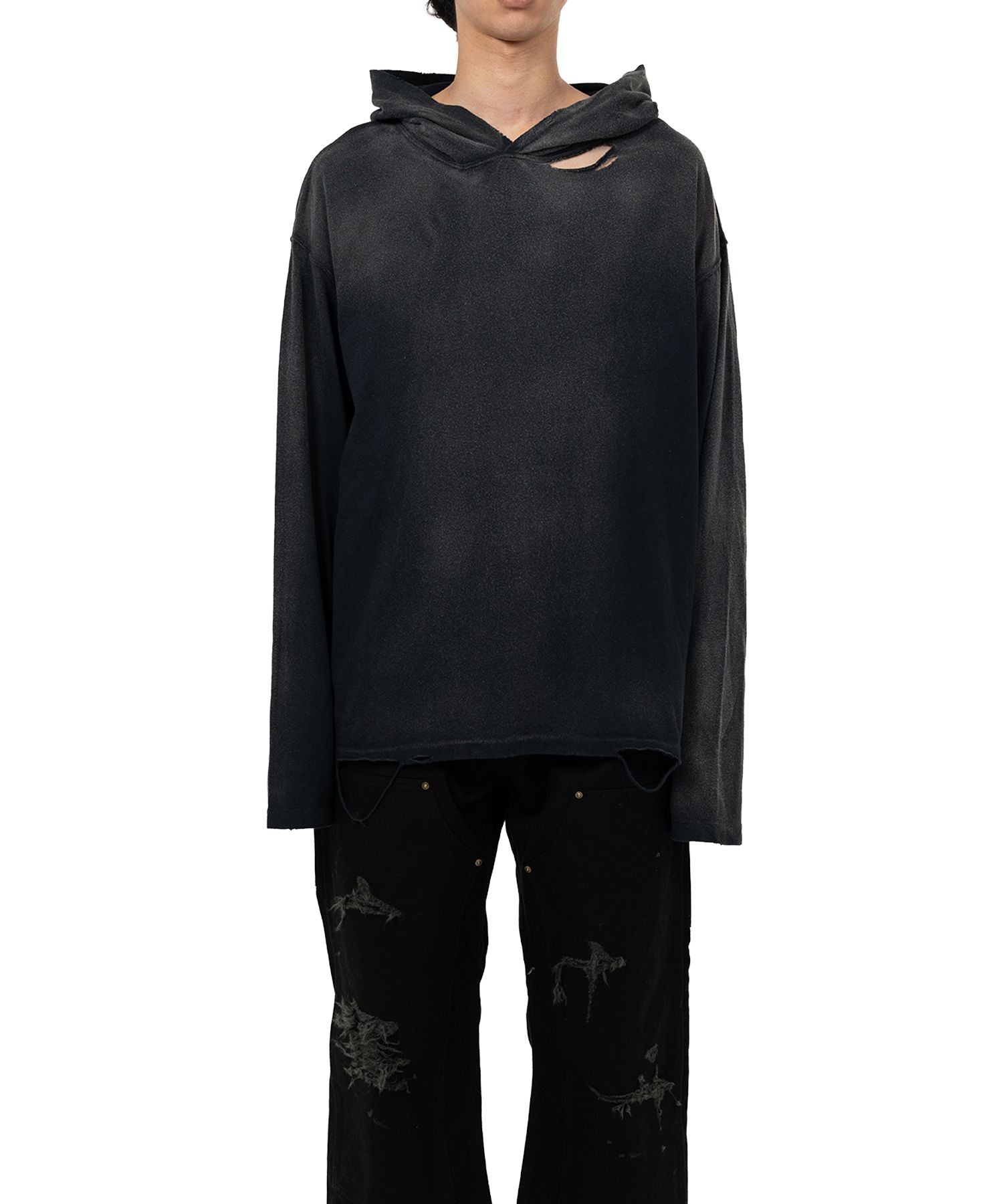 KAMIYA・Kamiya -  DISTRESSED LIGHTWEIGHT HOODIE / BLACK