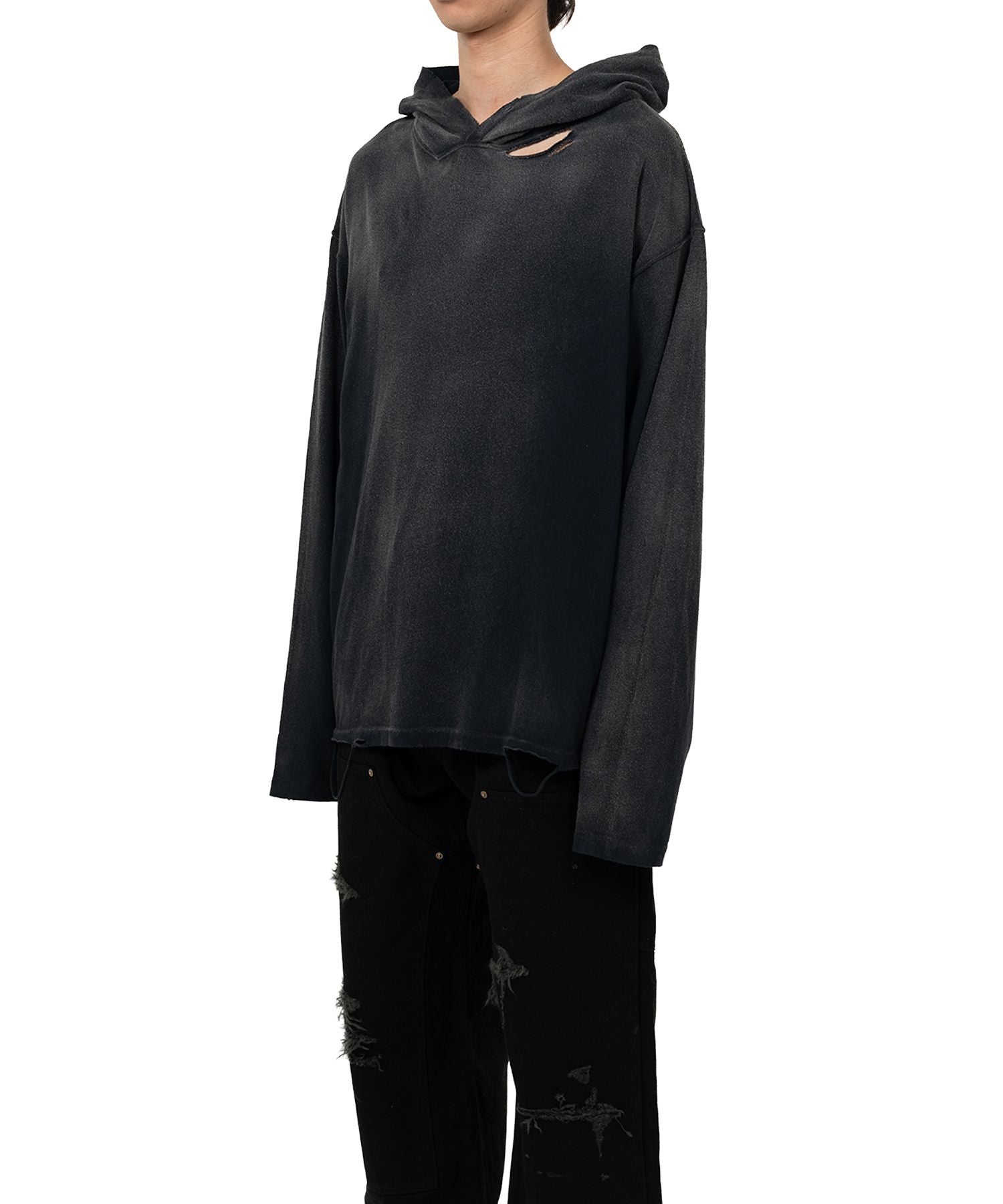 KAMIYA・Kamiya -  DISTRESSED LIGHTWEIGHT HOODIE / BLACK