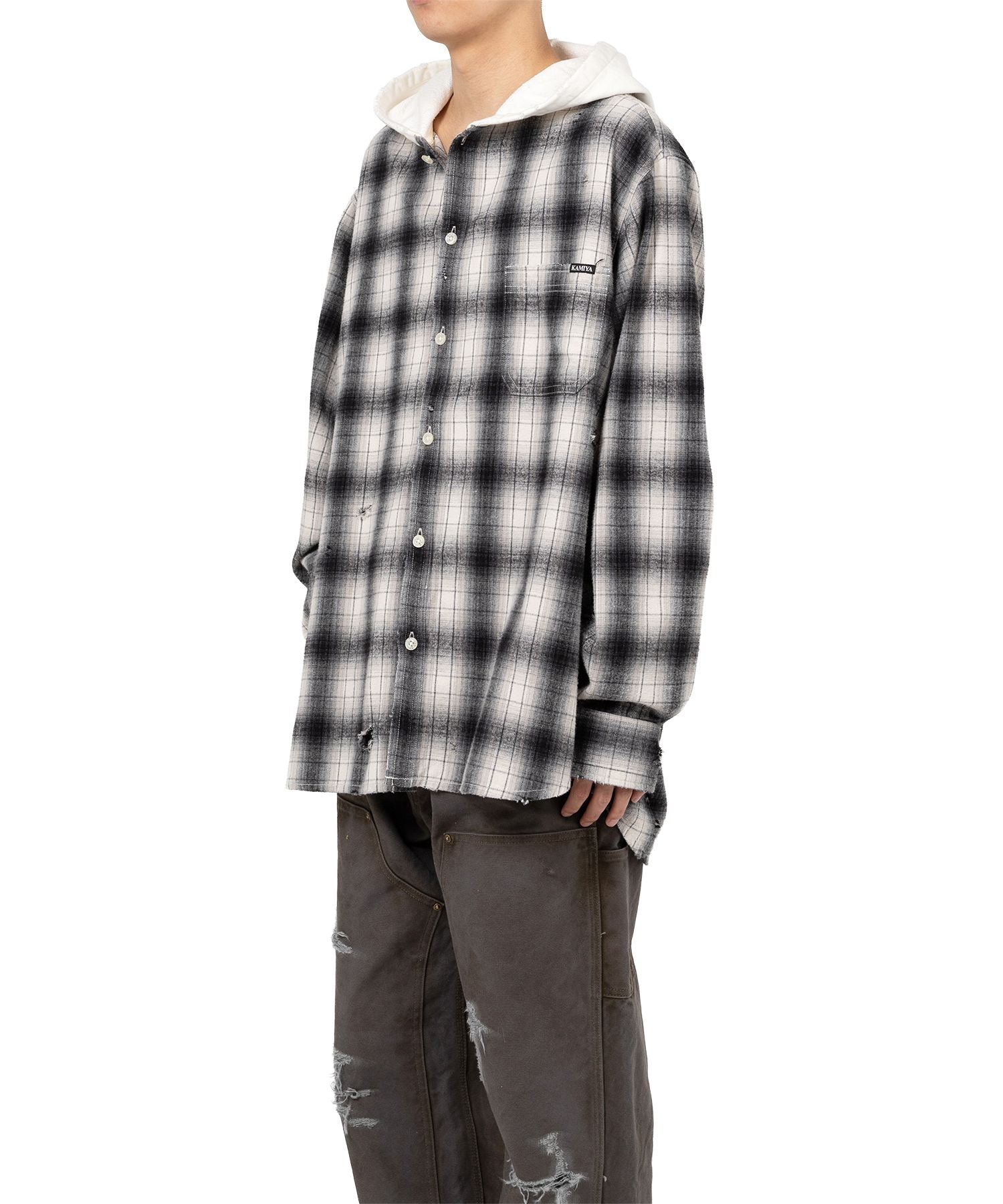 KAMIYA・Kamiya -  DISTRESSED HOODED CHECKED SHIRT / GRAY
