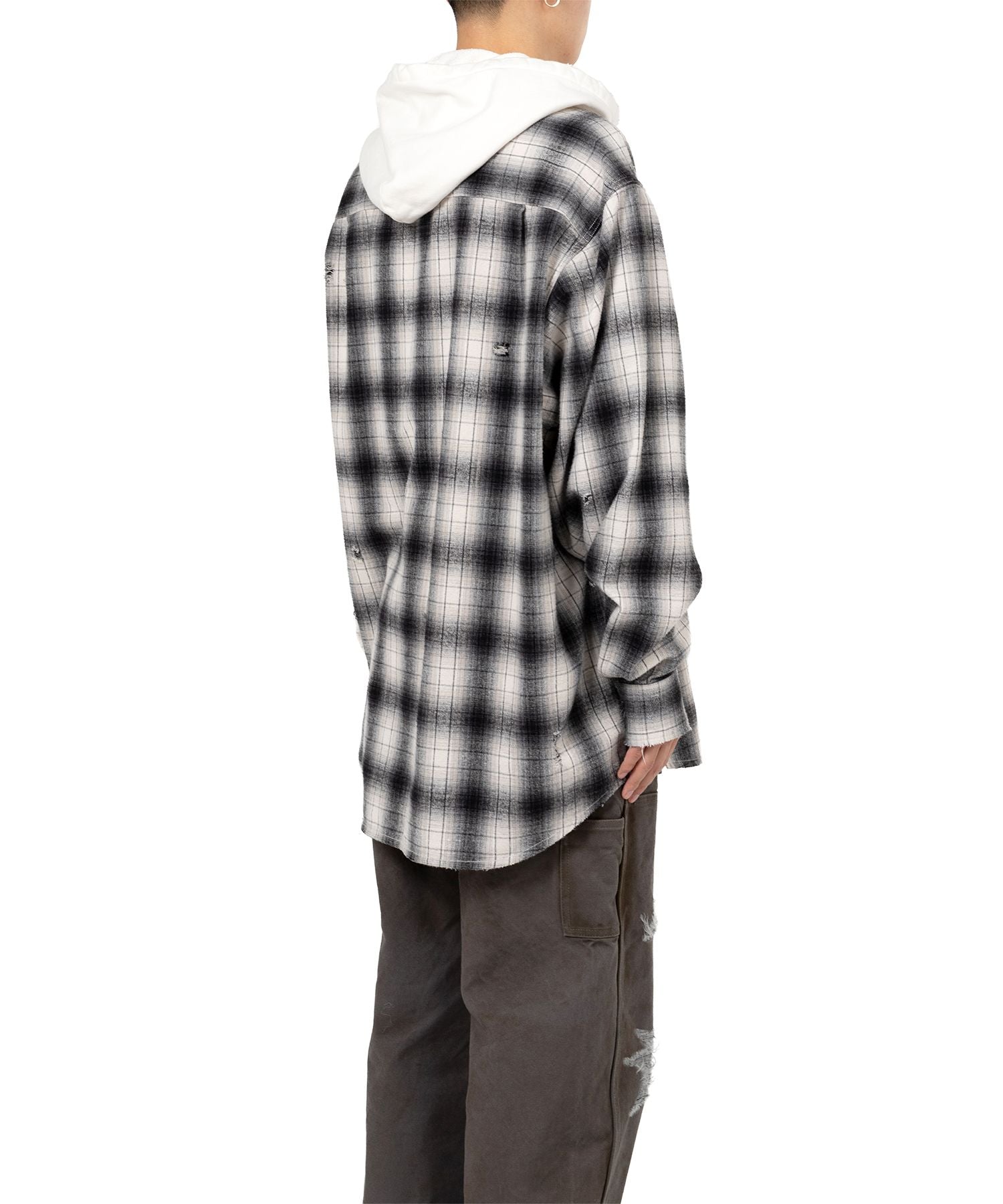 KAMIYA・Kamiya -  DISTRESSED HOODED CHECKED SHIRT / GRAY