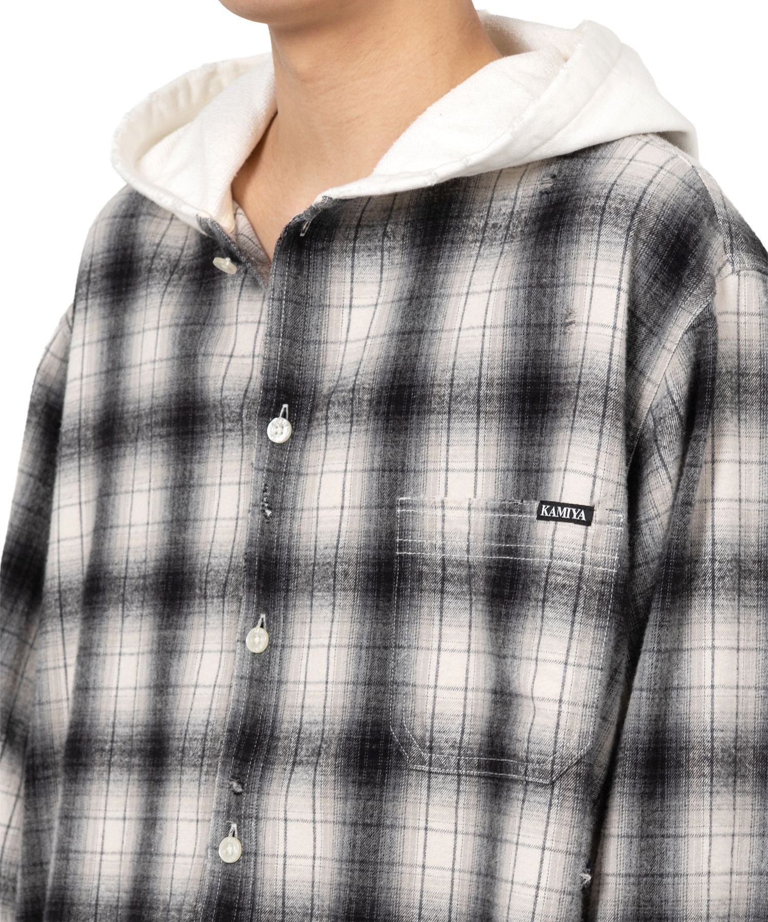 KAMIYA・Kamiya -  DISTRESSED HOODED CHECKED SHIRT / GRAY