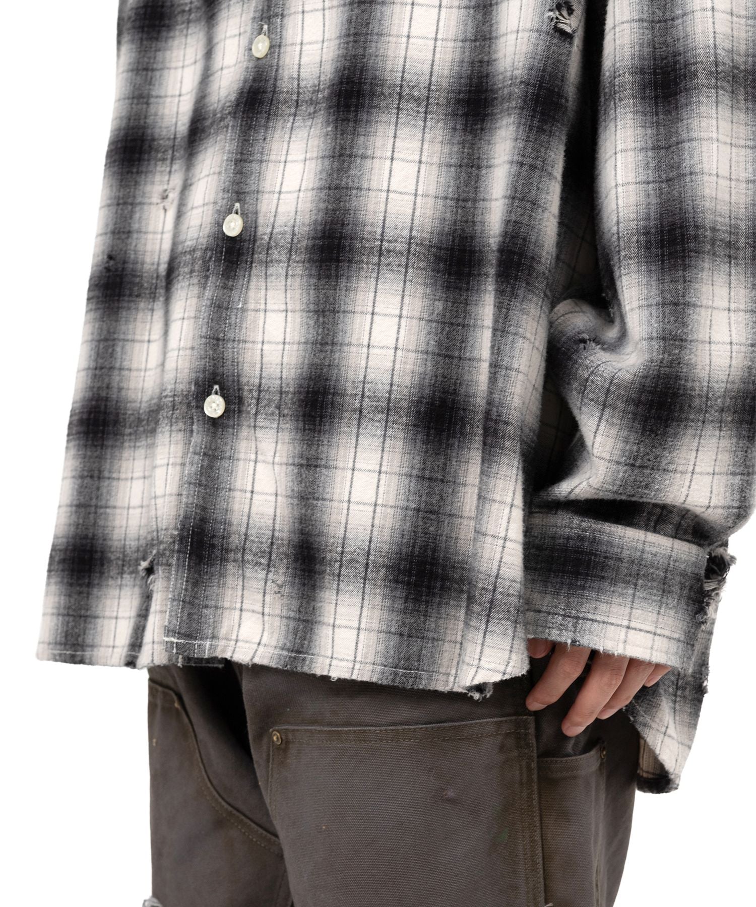 KAMIYA・Kamiya -  DISTRESSED HOODED CHECKED SHIRT / GRAY