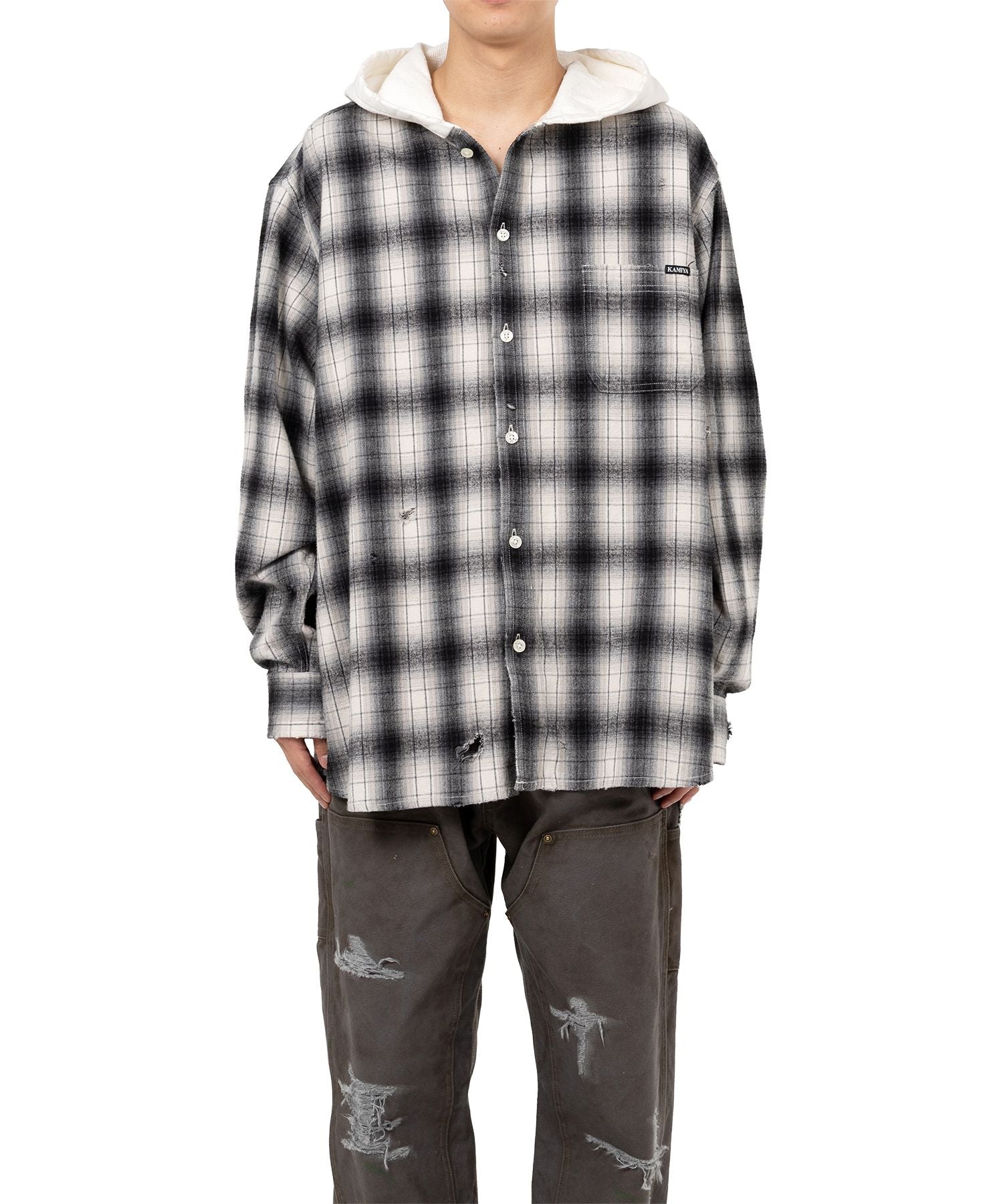KAMIYA・Kamiya -  DISTRESSED HOODED CHECKED SHIRT / GRAY