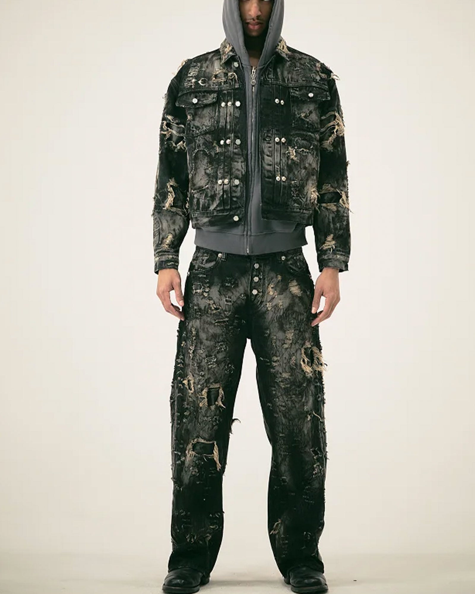 THUG CLUB・サグクラブ - デニムパンツ HARD-WASHED DAMAGED DENIM PANTS / BLACK